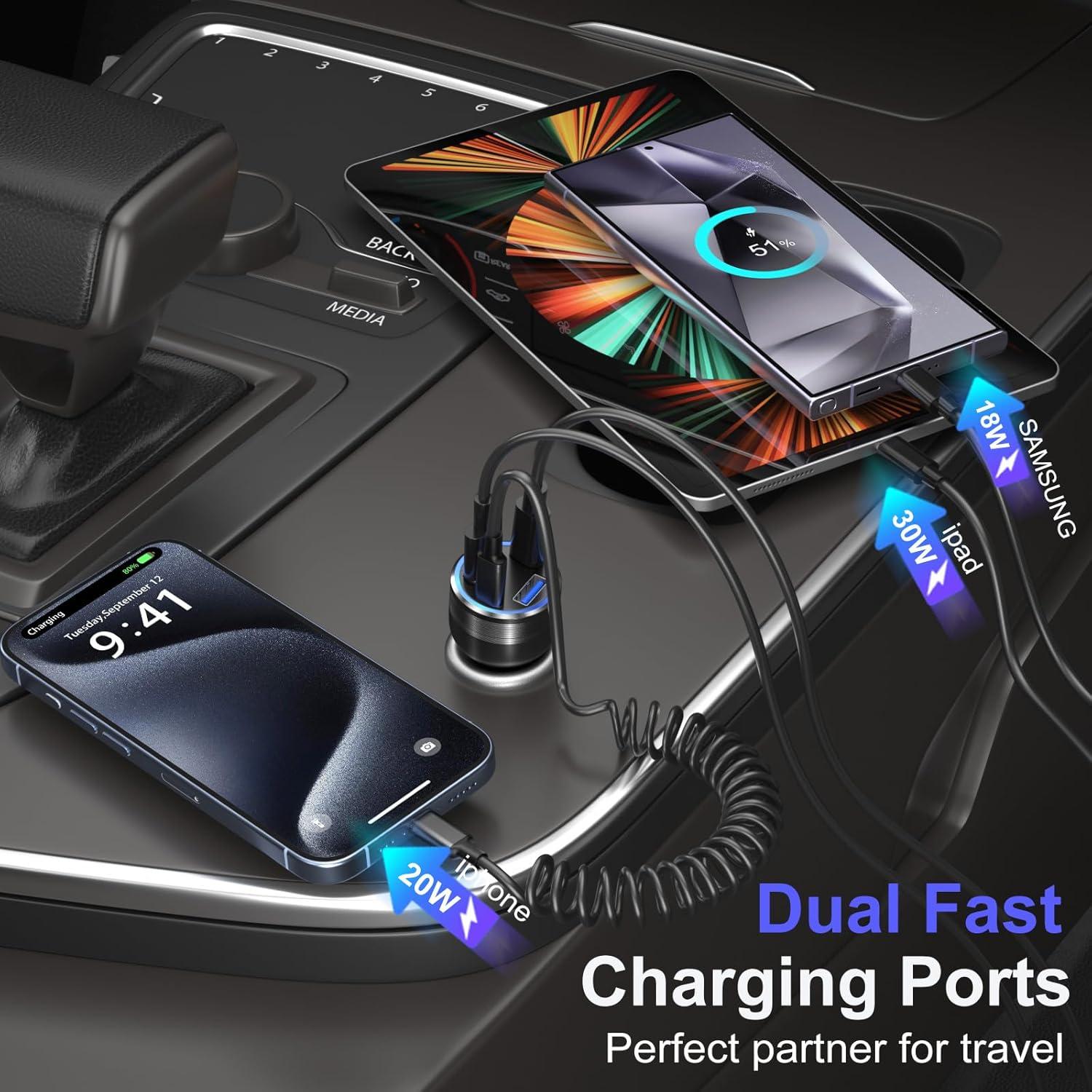 Cargador de coche USB C 65W Bangfun 4 puertos + Cable 1.5m