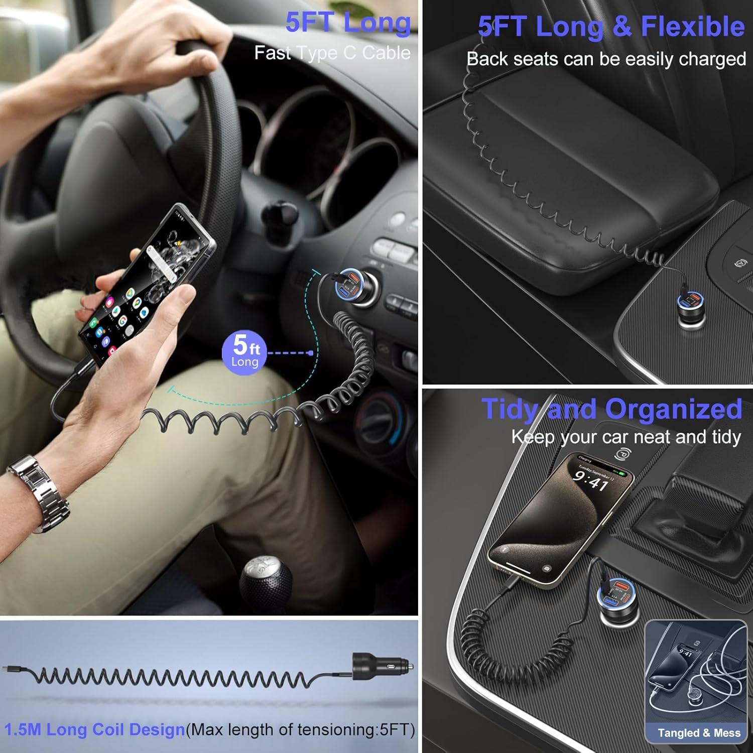 Cargador de coche USB C 65W Bangfun 4 puertos + Cable 1.5m