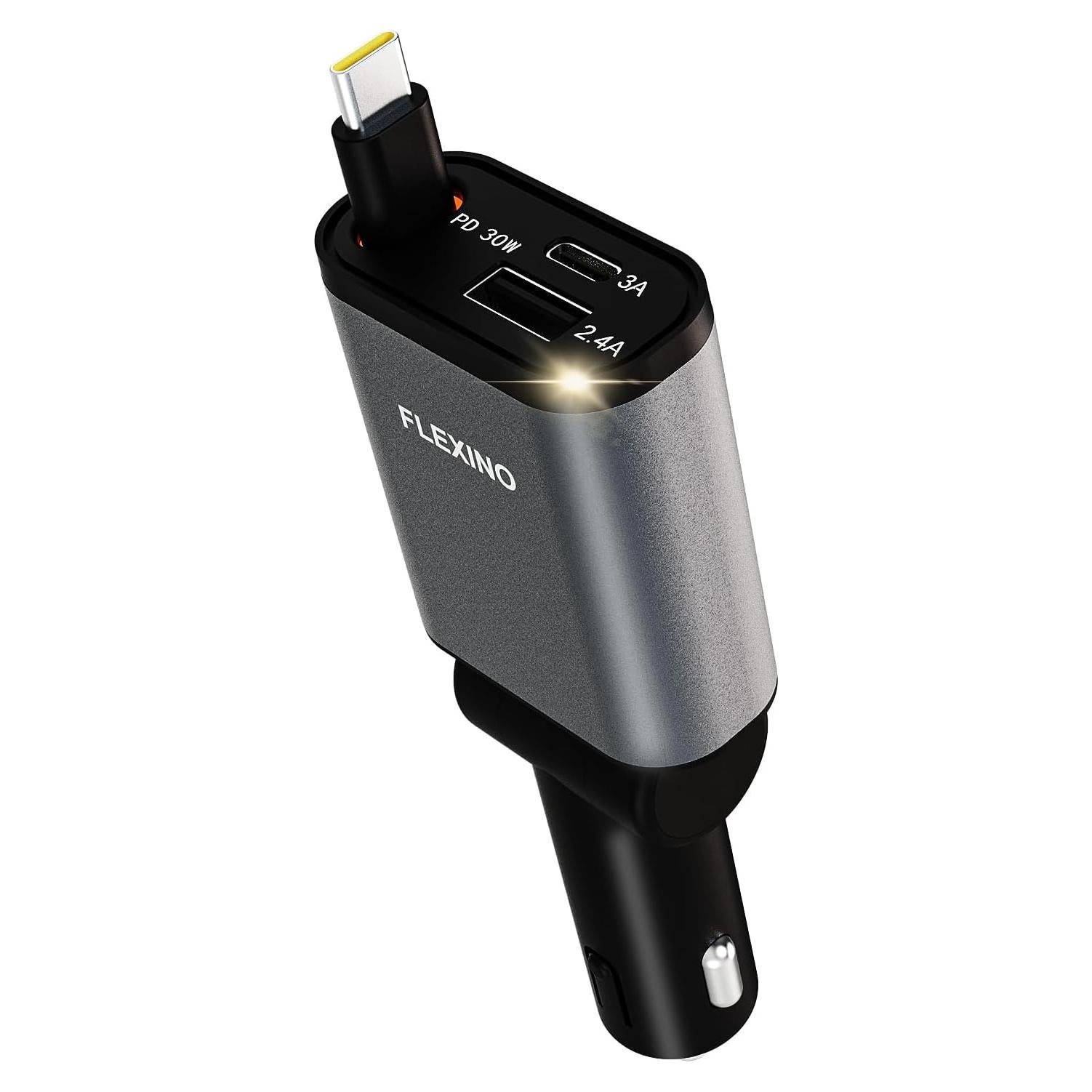 Cargador de Coche Retráctil Flexino 57W USB-C iPhone 16 Gris
