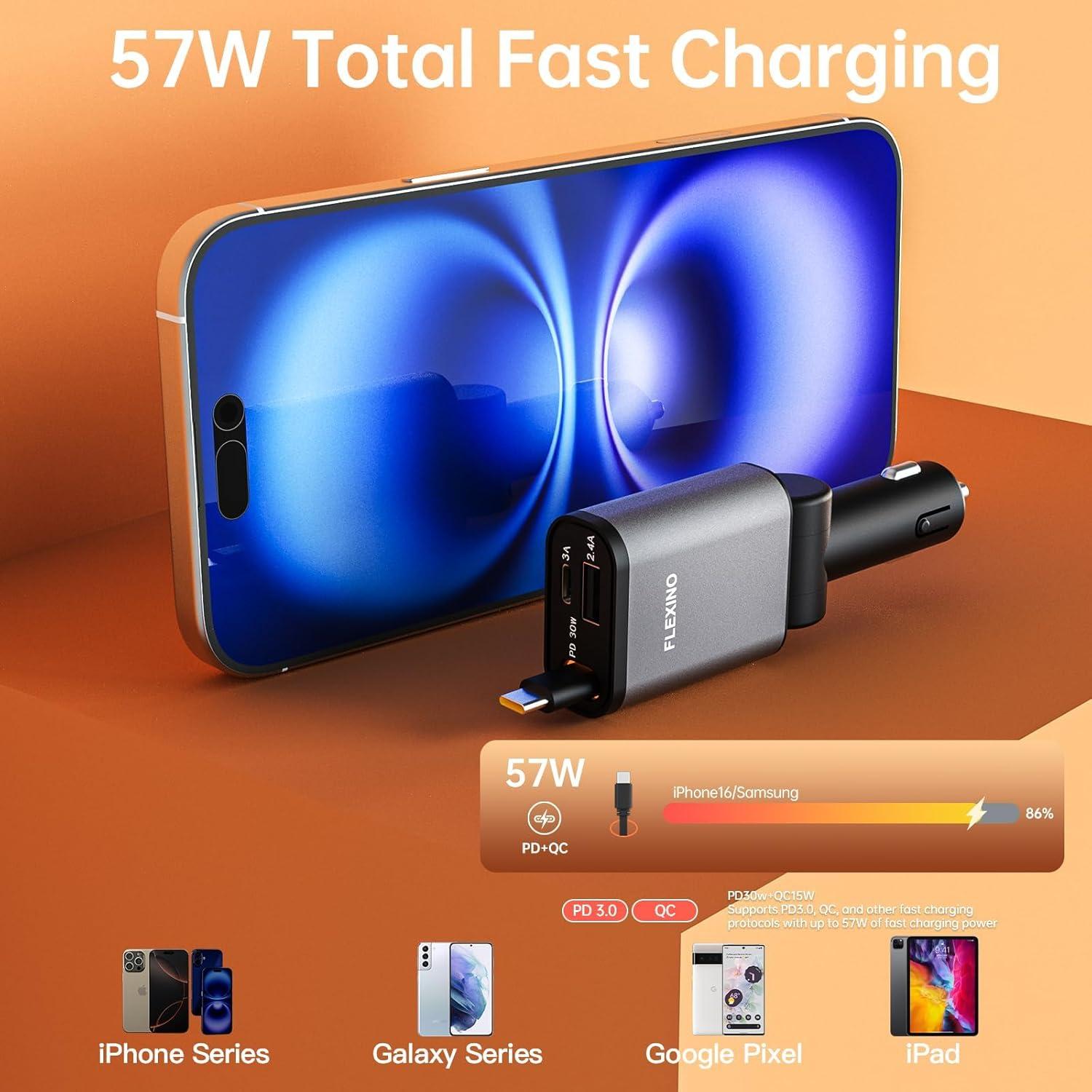 Cargador de Coche Retráctil Flexino 57W USB-C iPhone 16 Gris