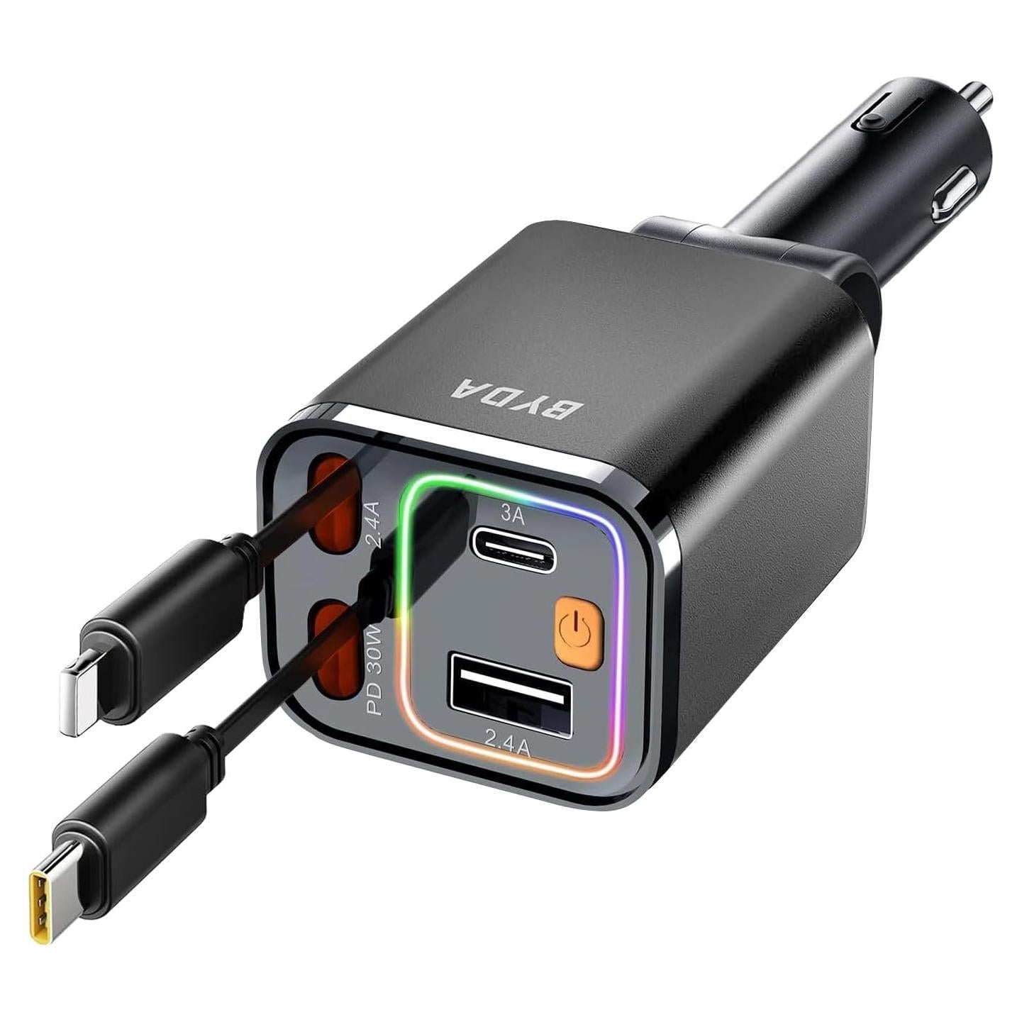 Cargador de Coche Retráctil BYDA 69W 4 en 1 USB-C y USB-A Gris