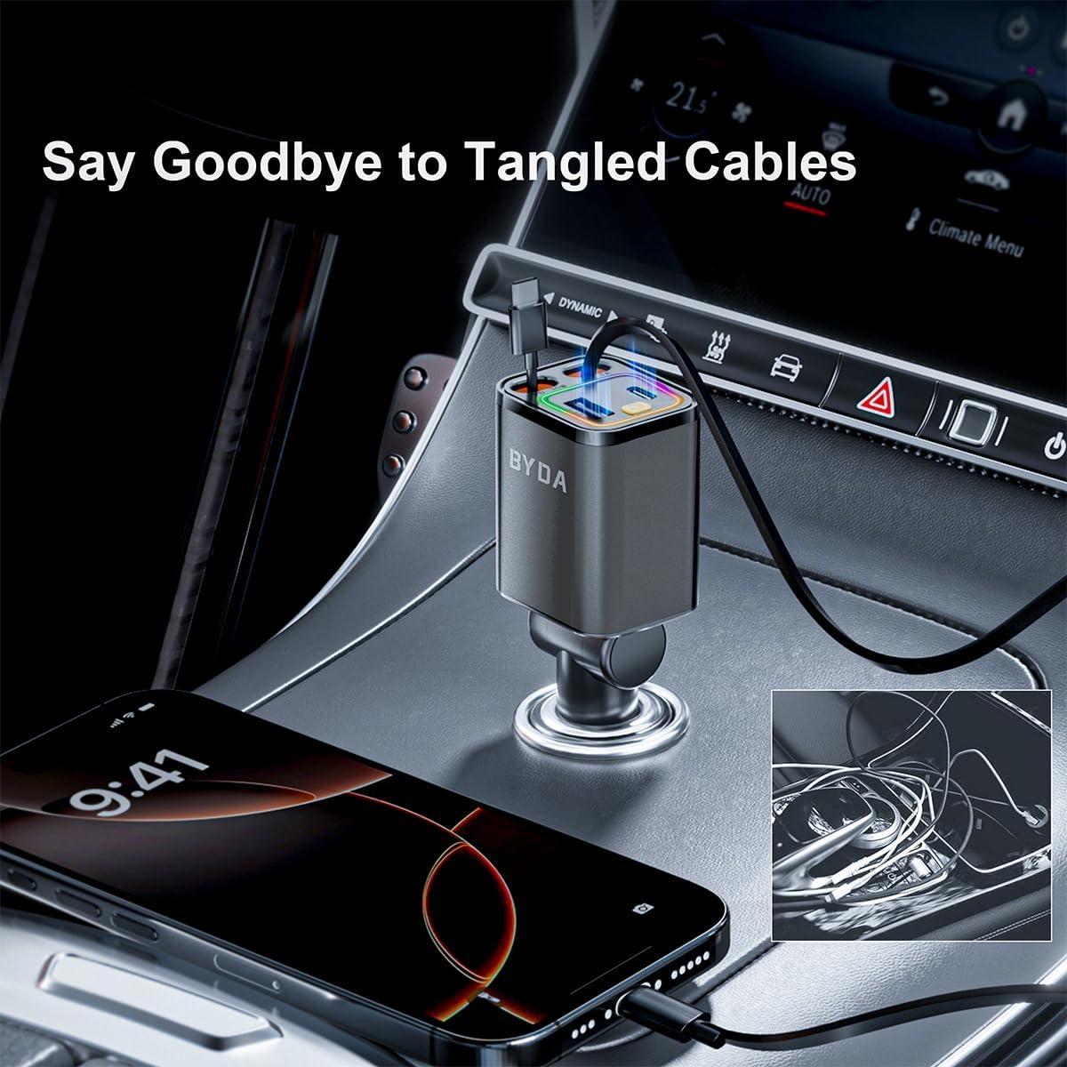 Cargador de Coche Retráctil BYDA 69W 4 en 1 USB-C y USB-A Gris