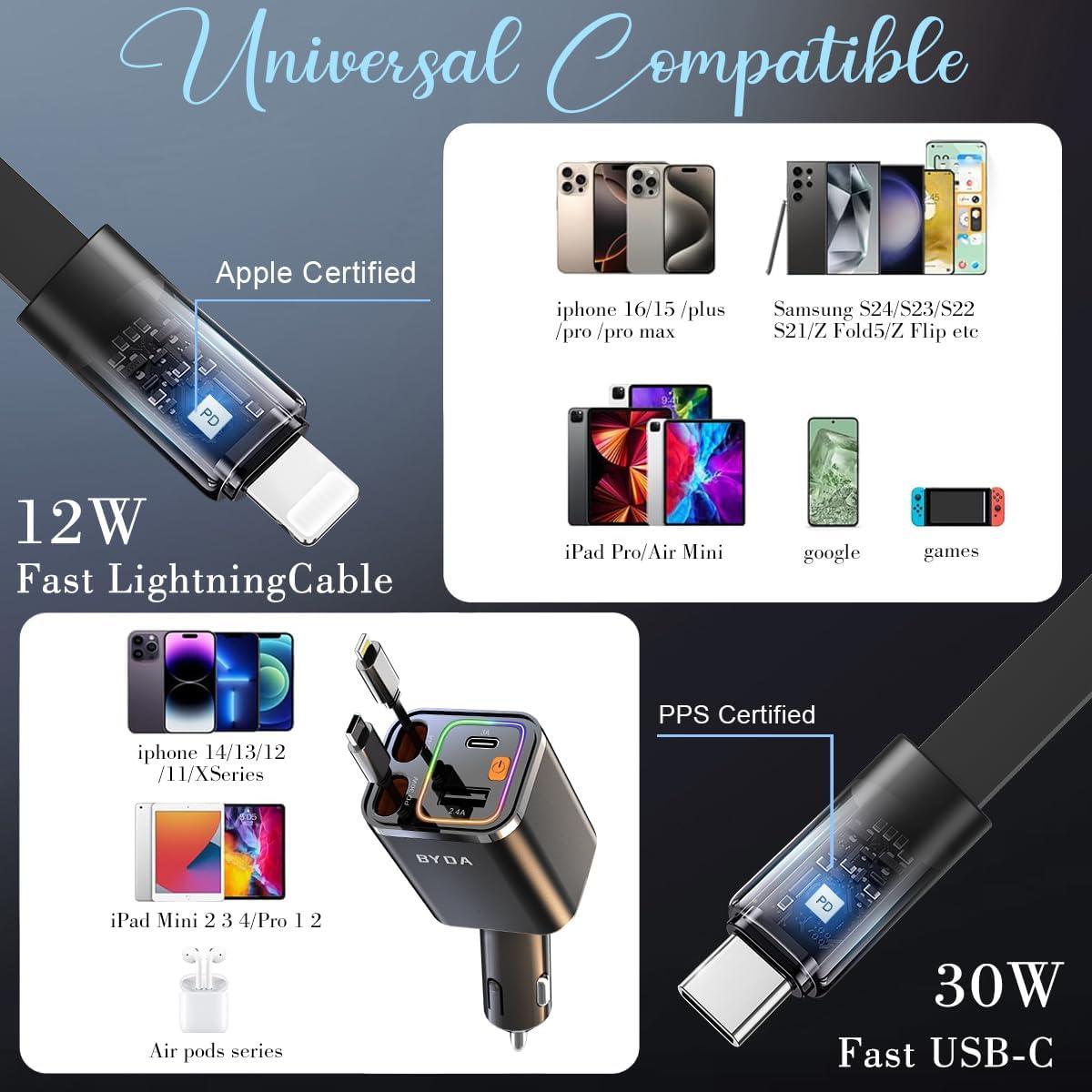 Cargador de Coche Retráctil BYDA 69W 4 en 1 USB-C y USB-A Gris