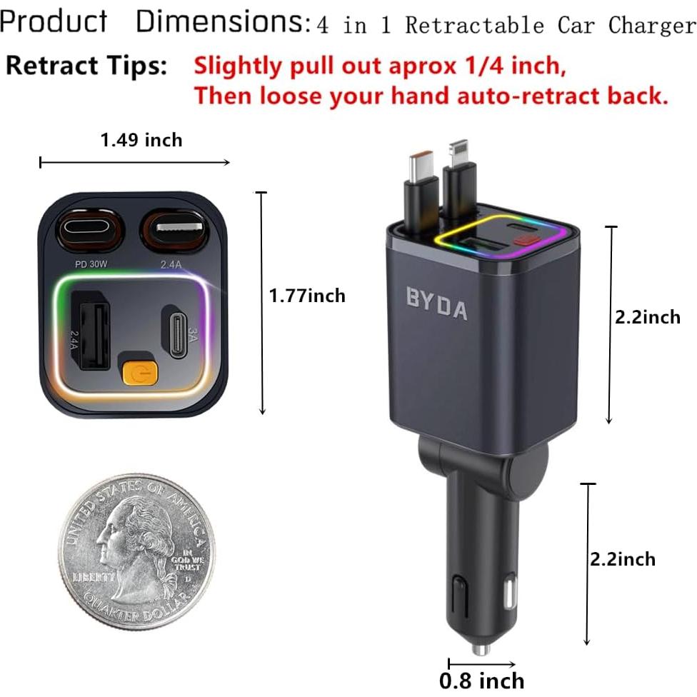 Cargador de Coche Retráctil BYDA 69W 4 en 1 USB-C y USB-A Gris