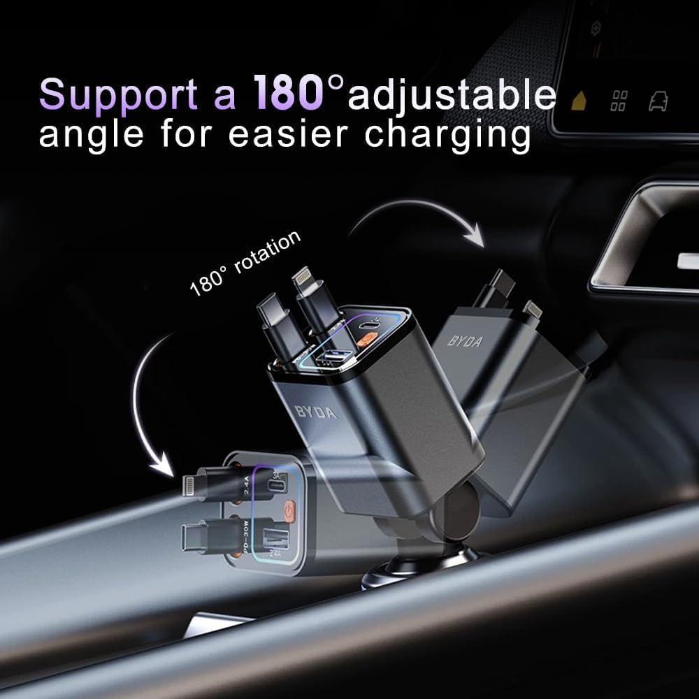Cargador de Coche Retráctil BYDA 69W 4 en 1 USB-C y USB-A Gris