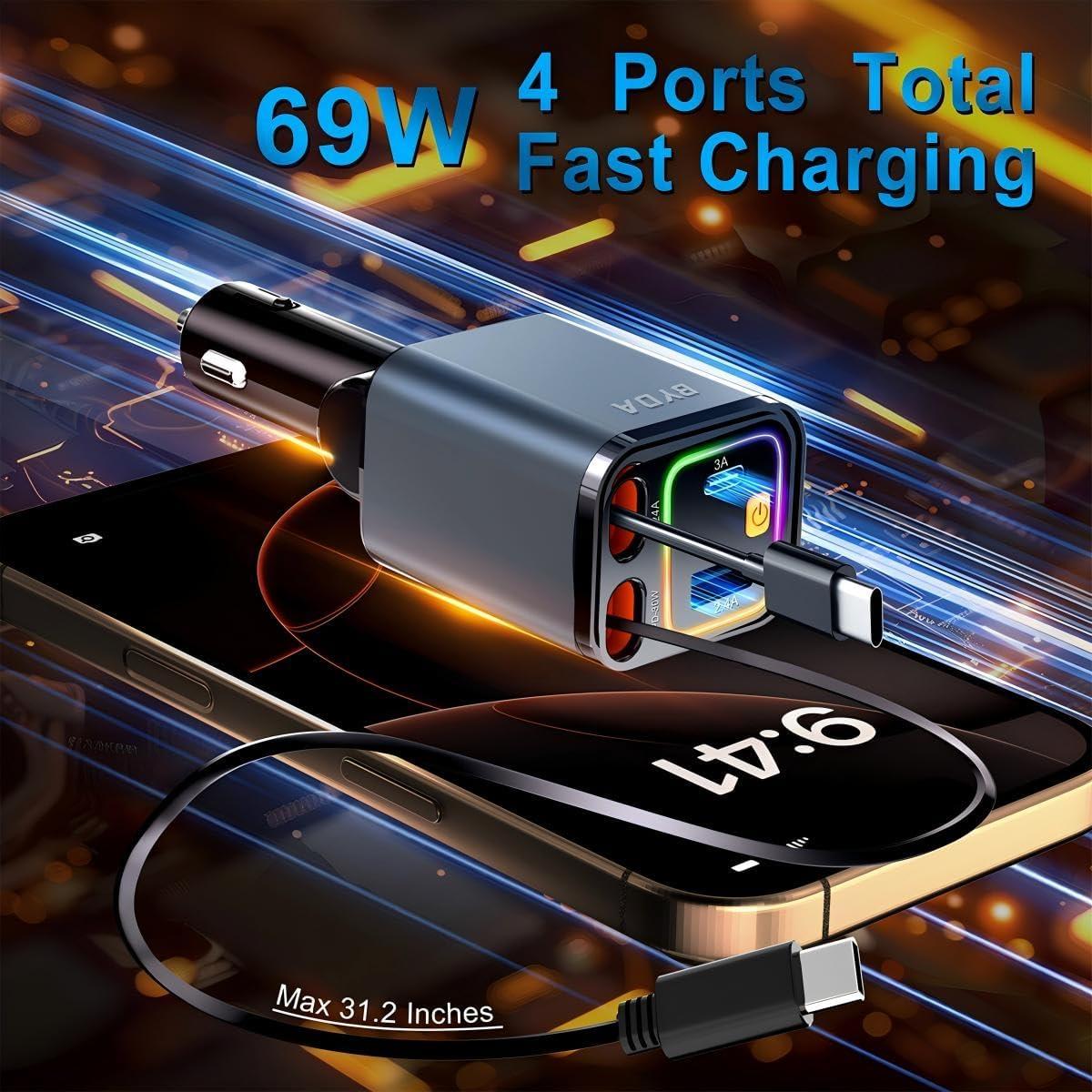 Cargador de Coche Retráctil BYDA 69W 4 en 1 USB-C y USB-A Gris