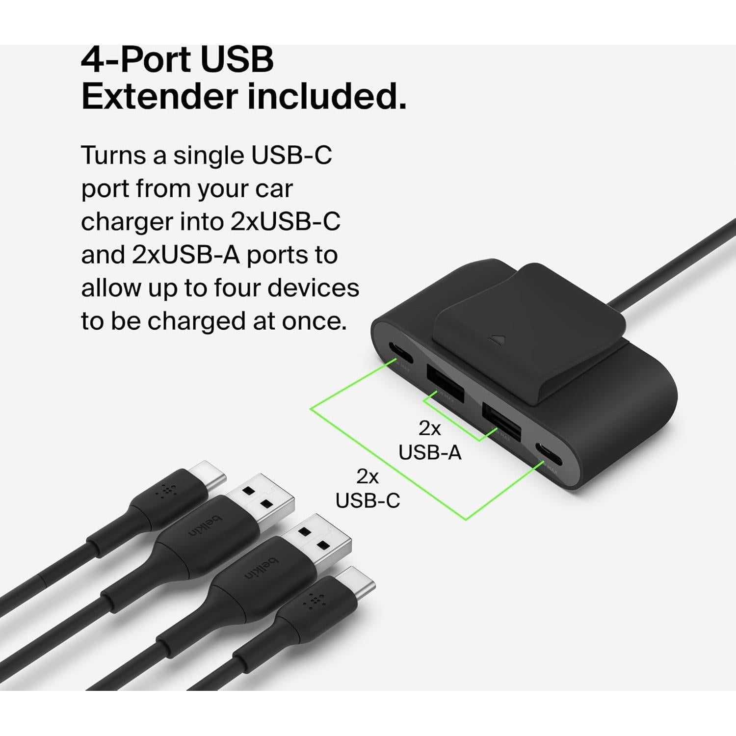 Cargador Rápido para Auto Belkin 30W USB-C 4 Puertos Negro