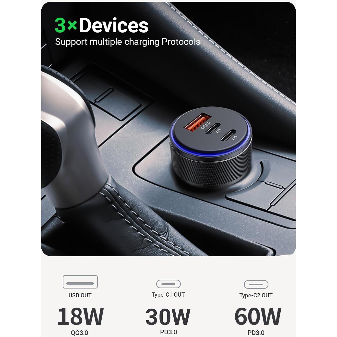 Cargador de coche USB-C 90W AKNSN 3 Puertos Rápido