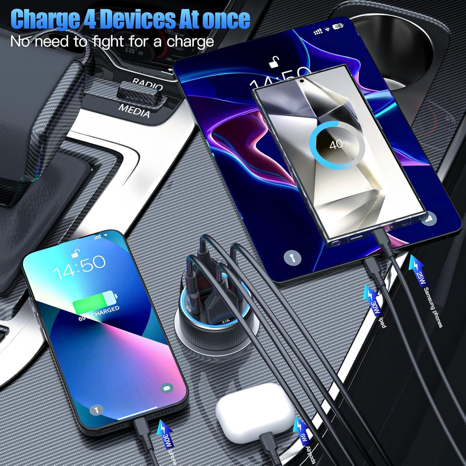 Cargador de coche USB C ANEXTIDE 78W 4 Puertos Rápido