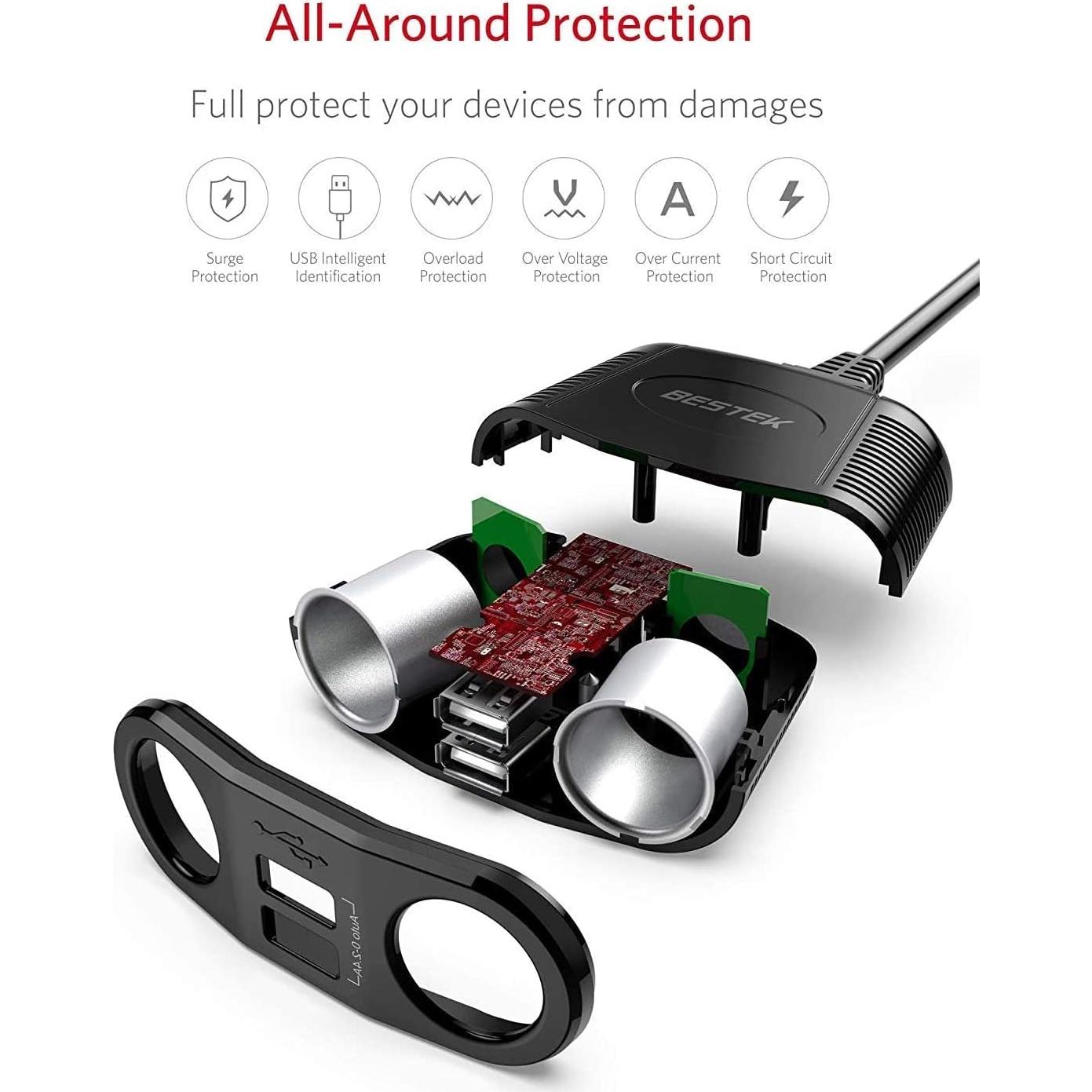 Adaptador Cargador Automóvil BESTEK 150W 2 Toma DC 2.4A USB