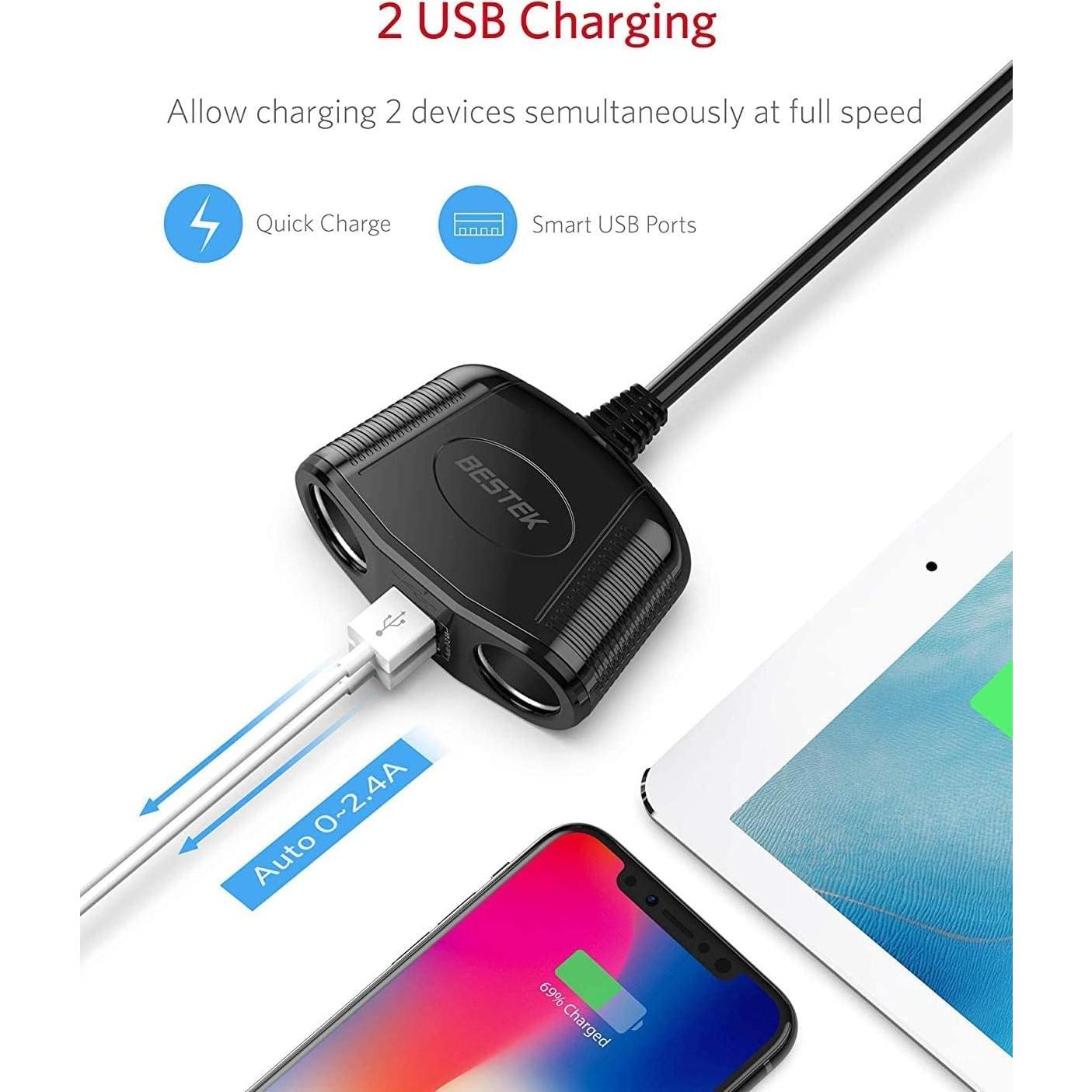 Adaptador Cargador Automóvil BESTEK 150W 2 Toma DC 2.4A USB