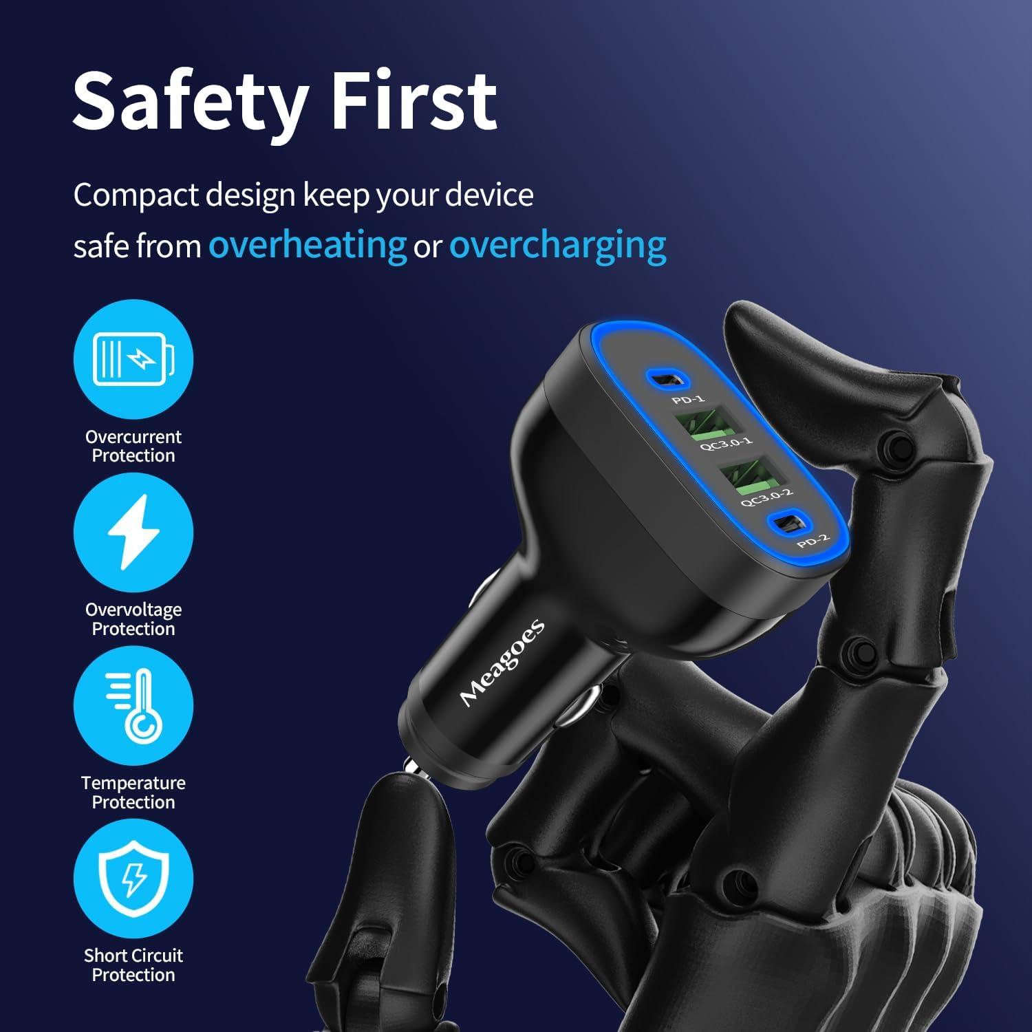 Cargador de Coche USB C 72W 4 Puertos Meagoes para iPhone y Samsung