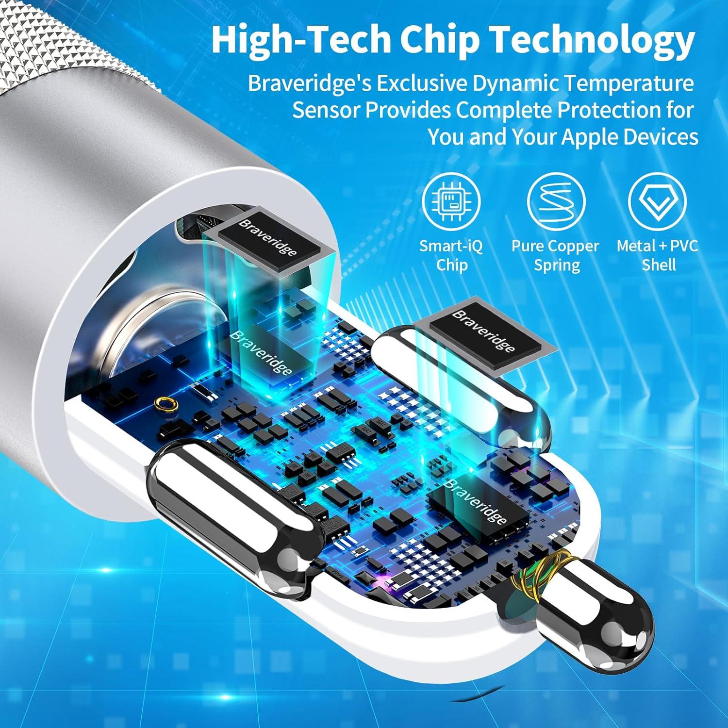 Cargador de coche rápido Braveridge 4.8A + 2 cables USB-C MFi