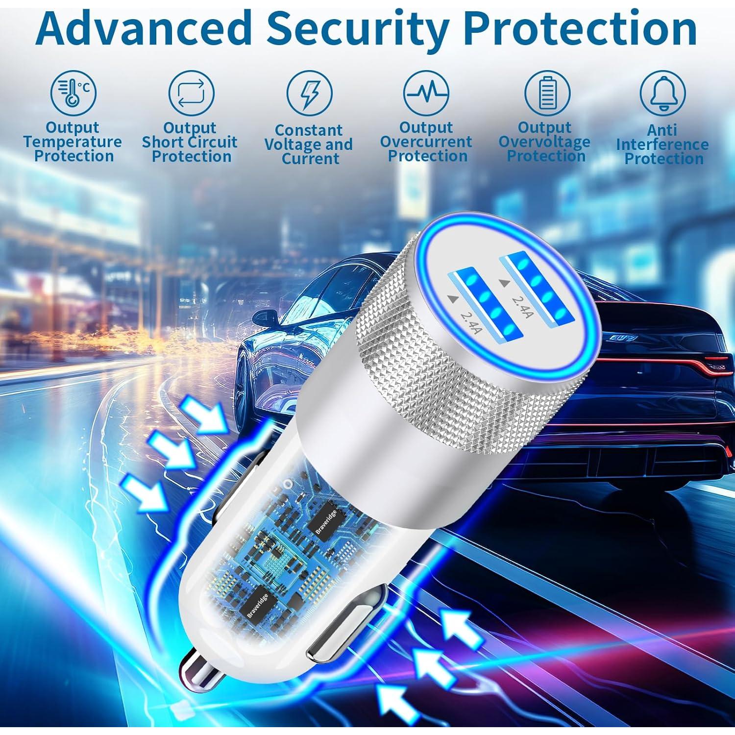 Cargador de coche rápido Braveridge 4.8A + 2 cables USB-C MFi