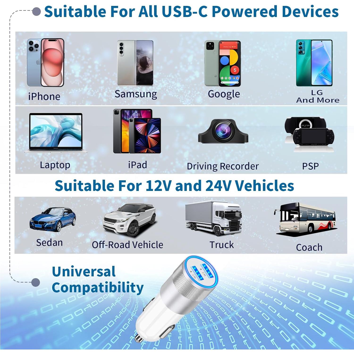 Cargador de coche rápido Braveridge 4.8A + 2 cables USB-C MFi