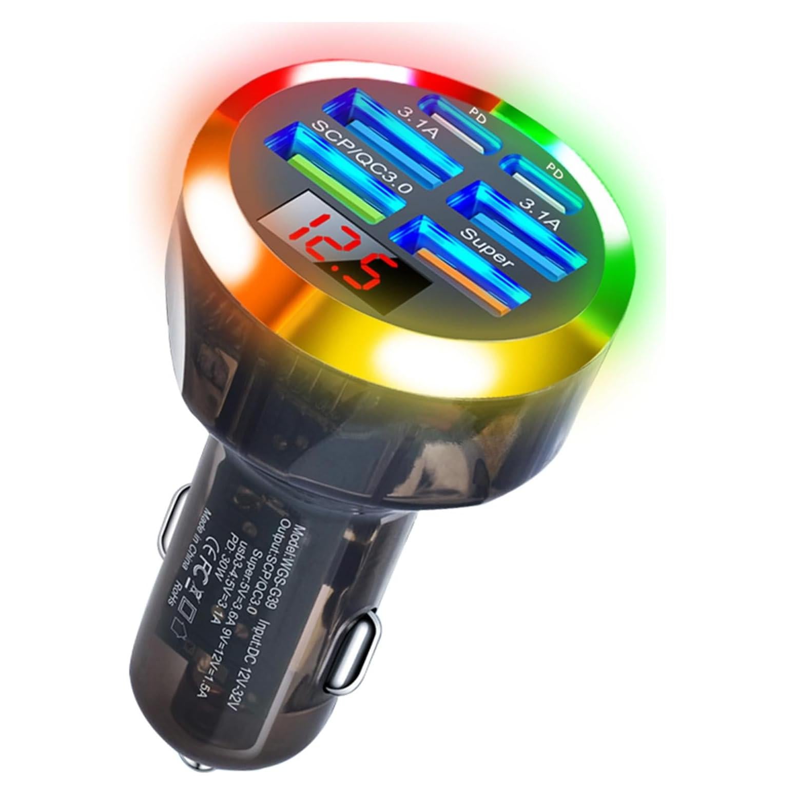 Cargador de Coche USB C UYUXIO 6 en 1 con Pantalla de Voltaje