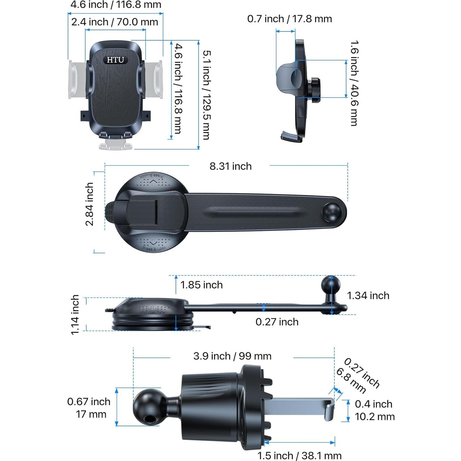 Soporte de Teléfono para Auto HTU Negro, Doblable 270°