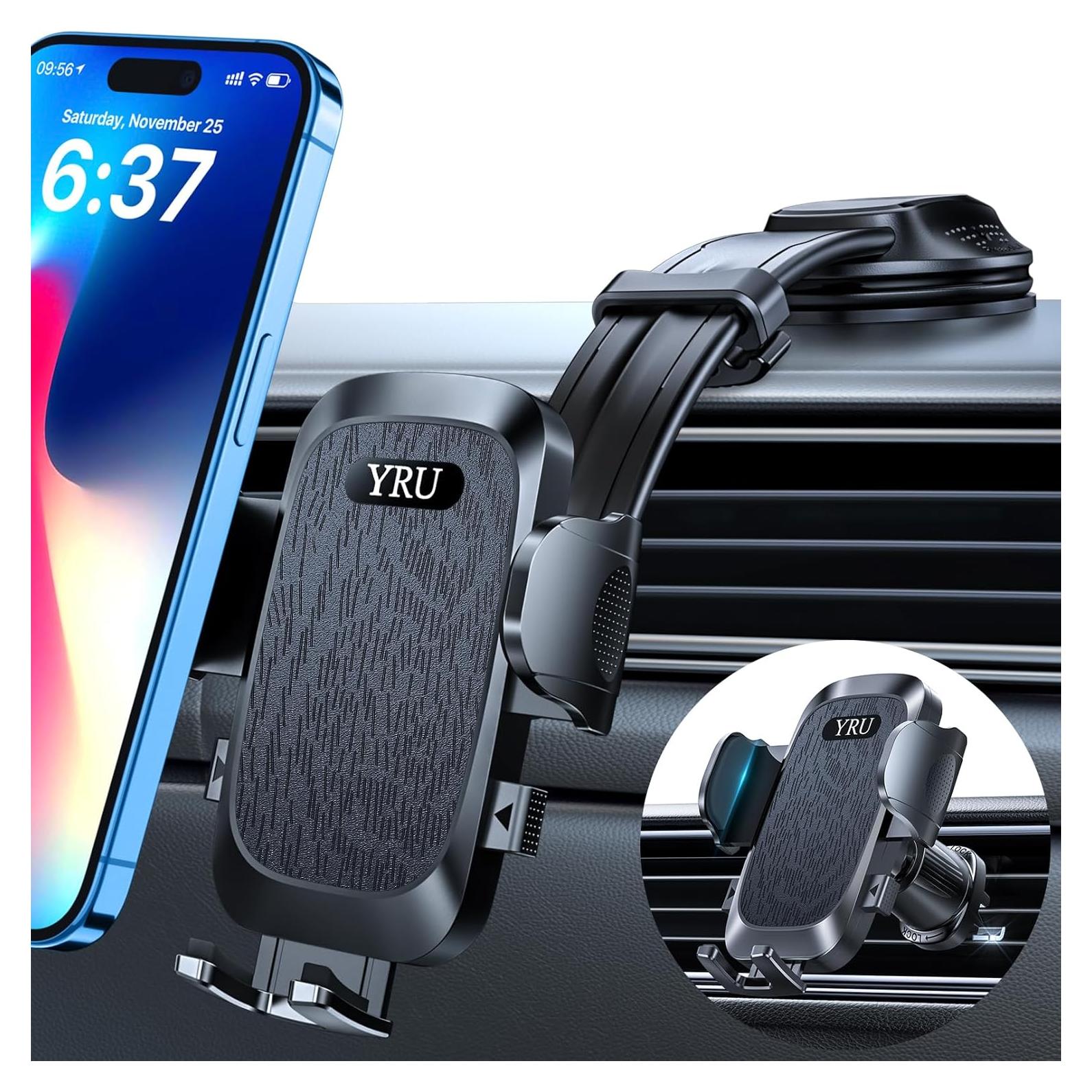 Soporte de Teléfono para Auto YRU 2025 Ajustable 360° Negro