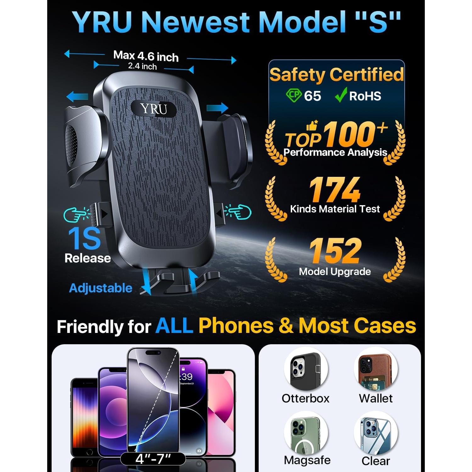 Soporte de Teléfono para Auto YRU 2025 Ajustable 360° Negro