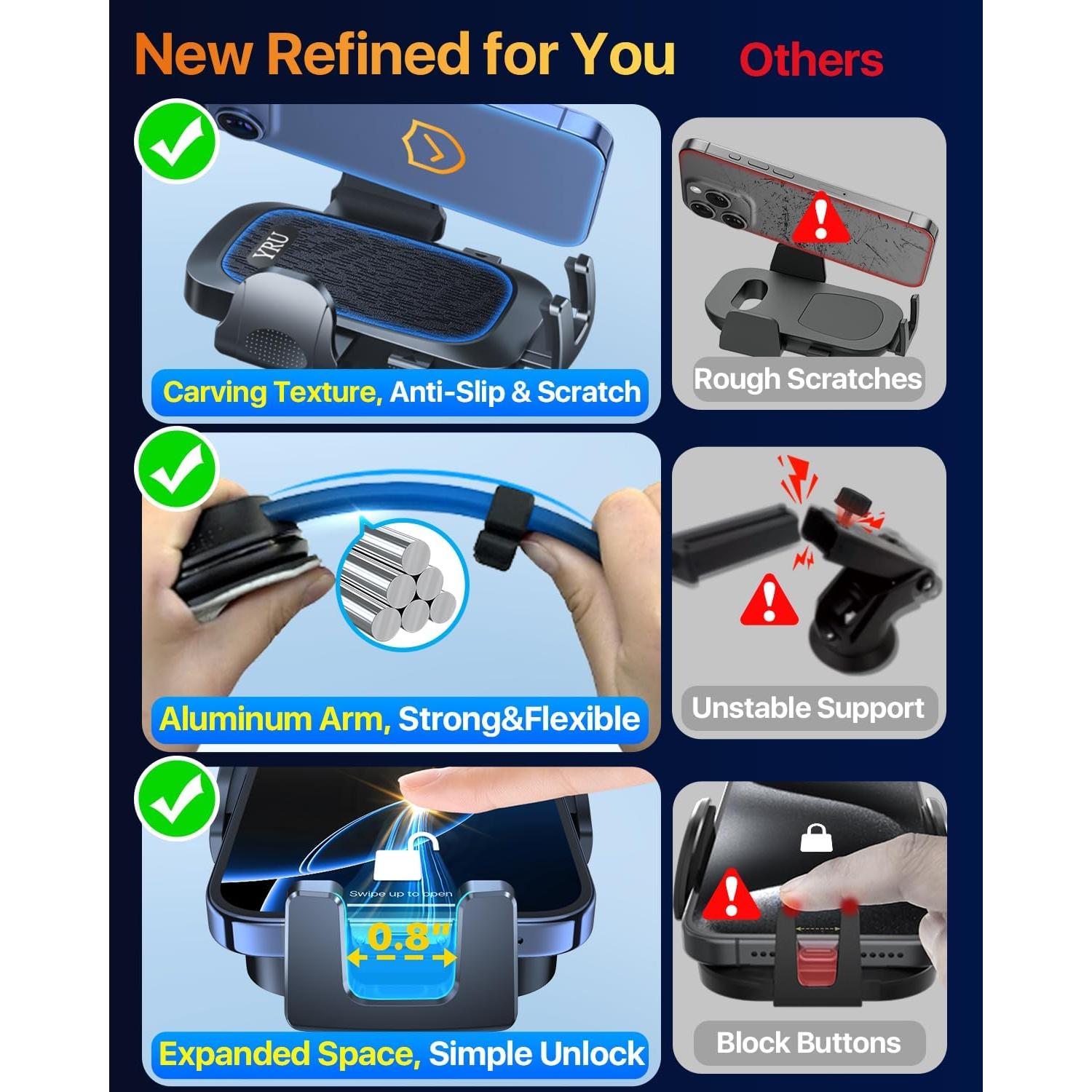 Soporte de Teléfono para Auto YRU 2025 Ajustable 360° Negro