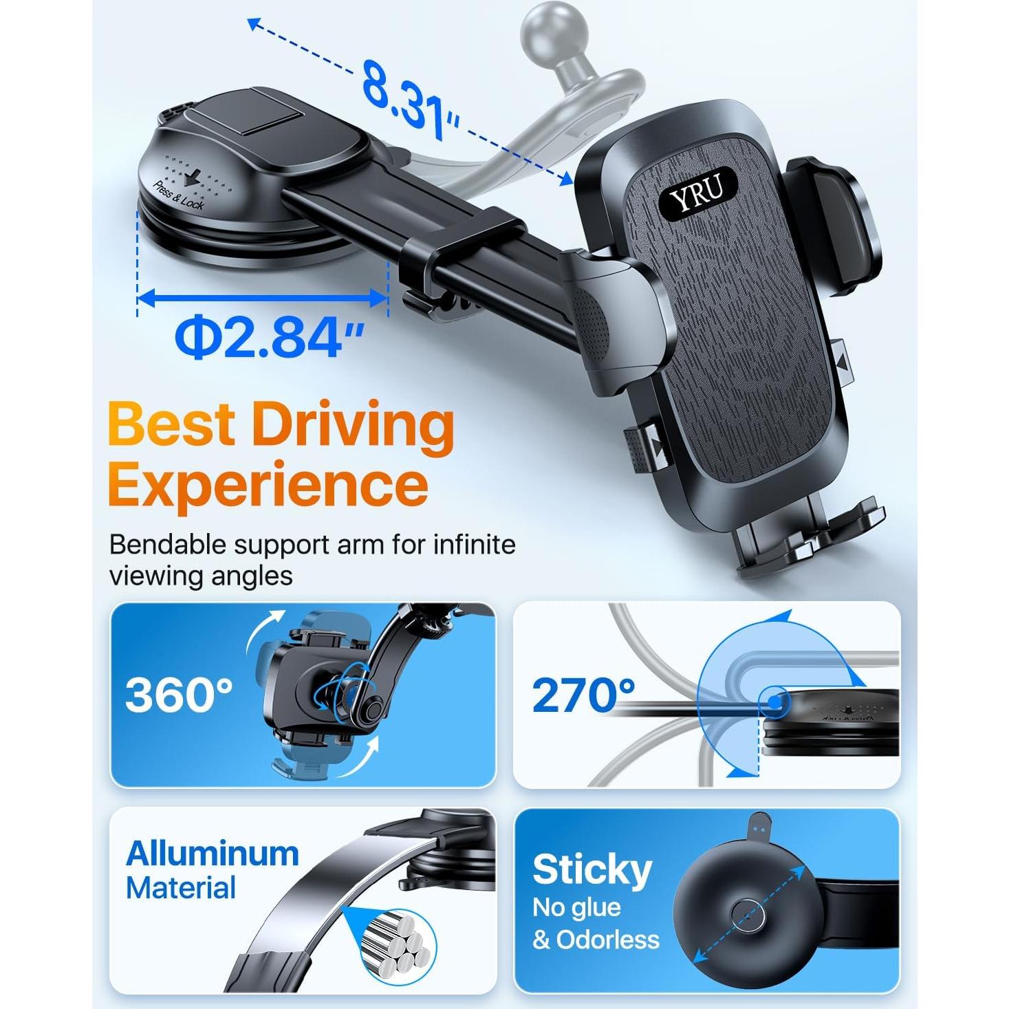 Soporte de Teléfono para Auto YRU 2025 Ajustable 360° Negro