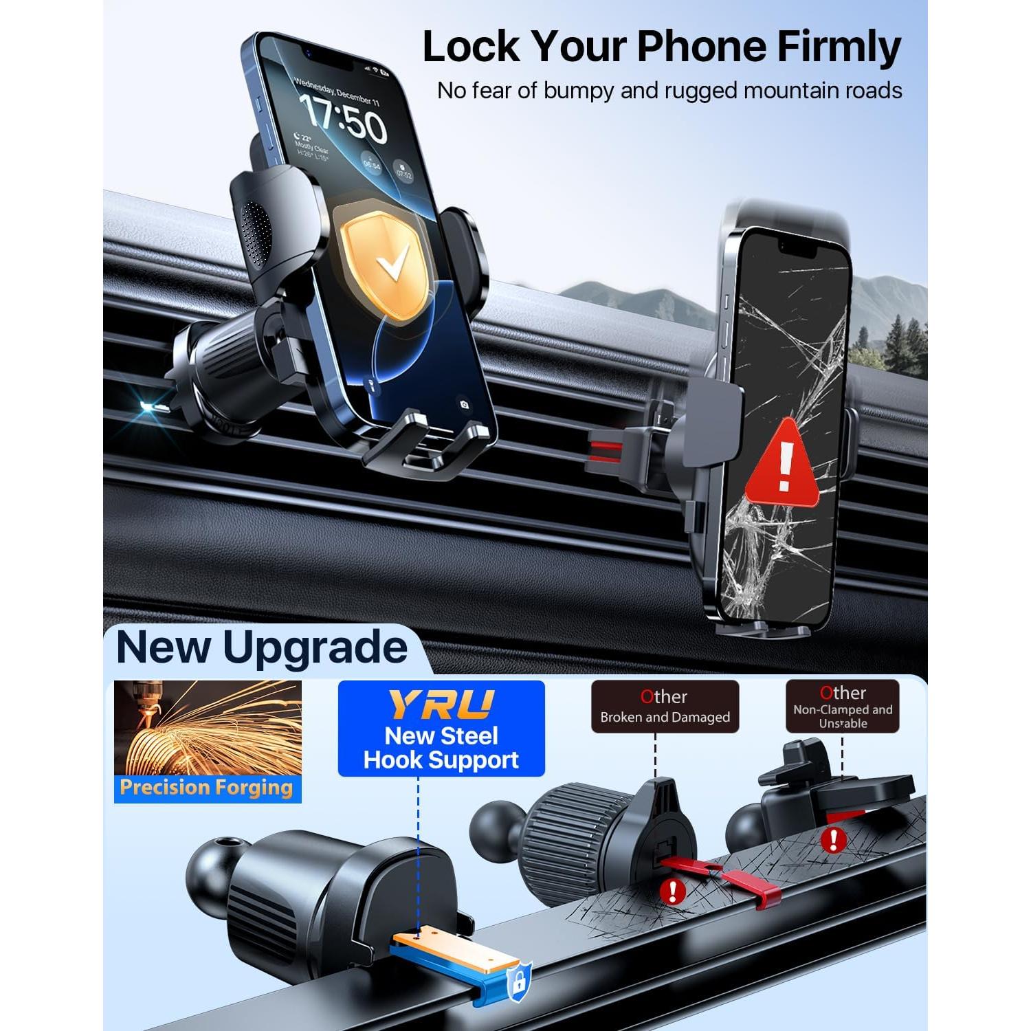 Soporte de Teléfono para Auto YRU 2025 Ajustable 360° Negro