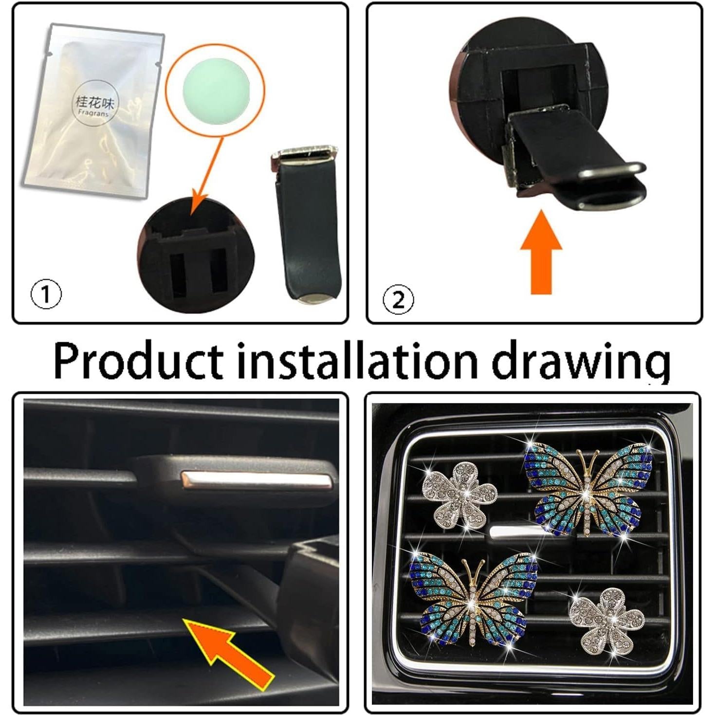 Clips de Ventilación Bling Butterfly Jinshining 4Pcs Cristal Azul