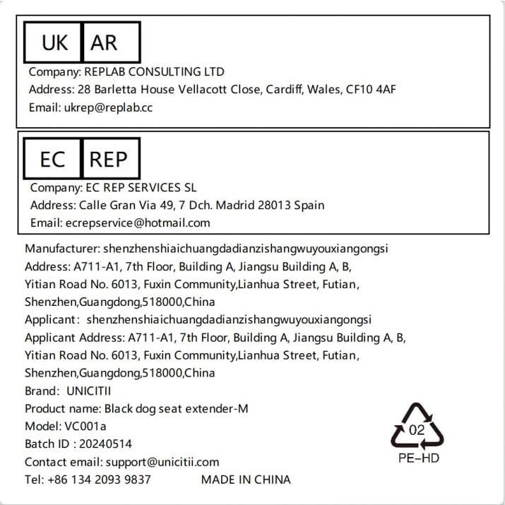 Extensor de Asiento para Perros Grandes UNICITII 51 cm Negro