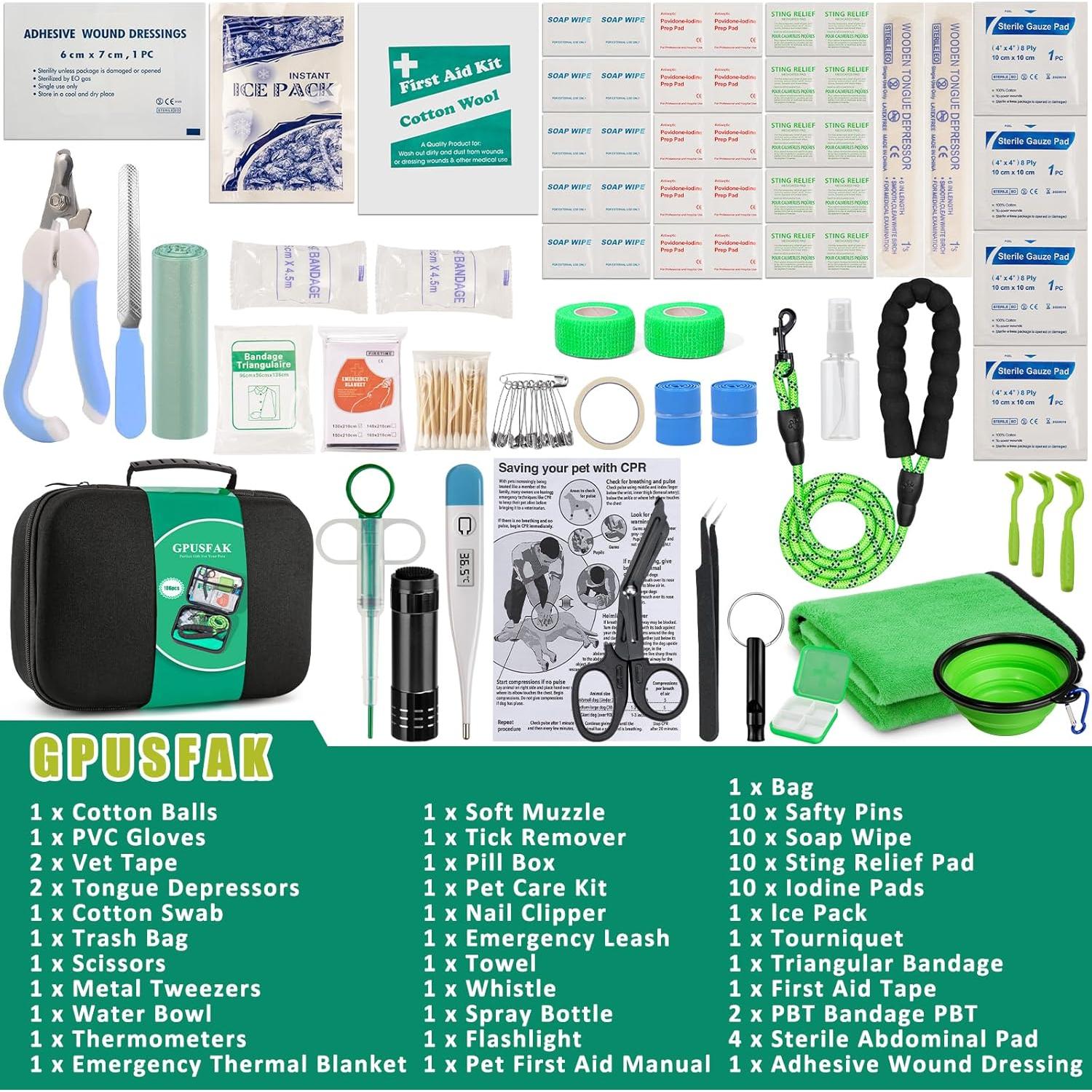 Kit de Primeros Auxilios para Mascotas GPUSFAK Verde 106 Piezas