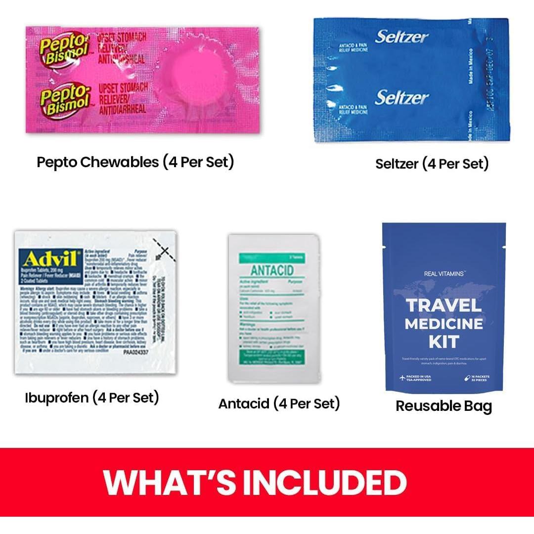 Kit de Medicina de Viaje Real Vitamins - 16 Paquetes Aprobados TSA