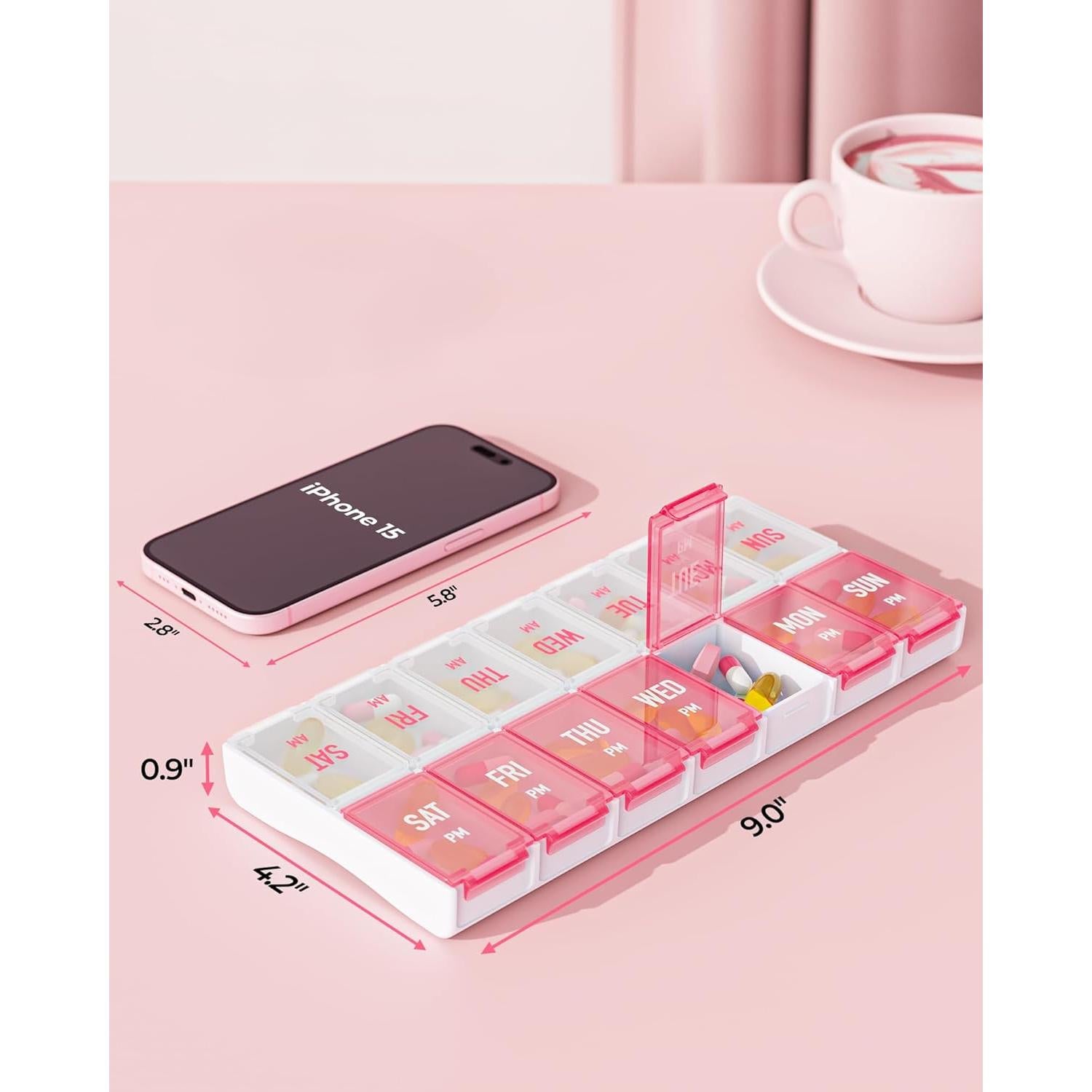 Organizador Semanal de Pastillas AMOOS Rosa 7 Días AM PM