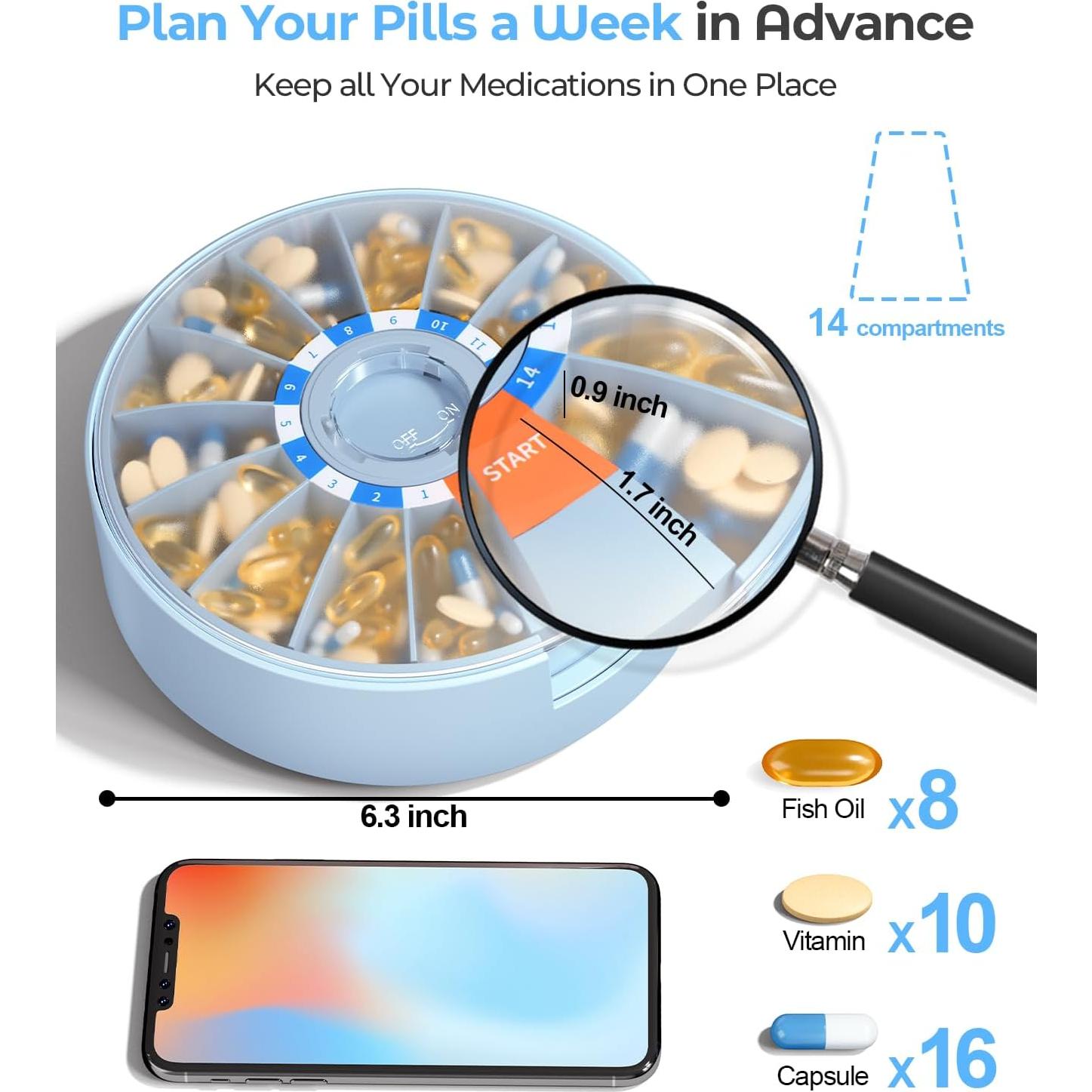 Dispensador de Pastillas Daviky Azul, Organizador 14 Días