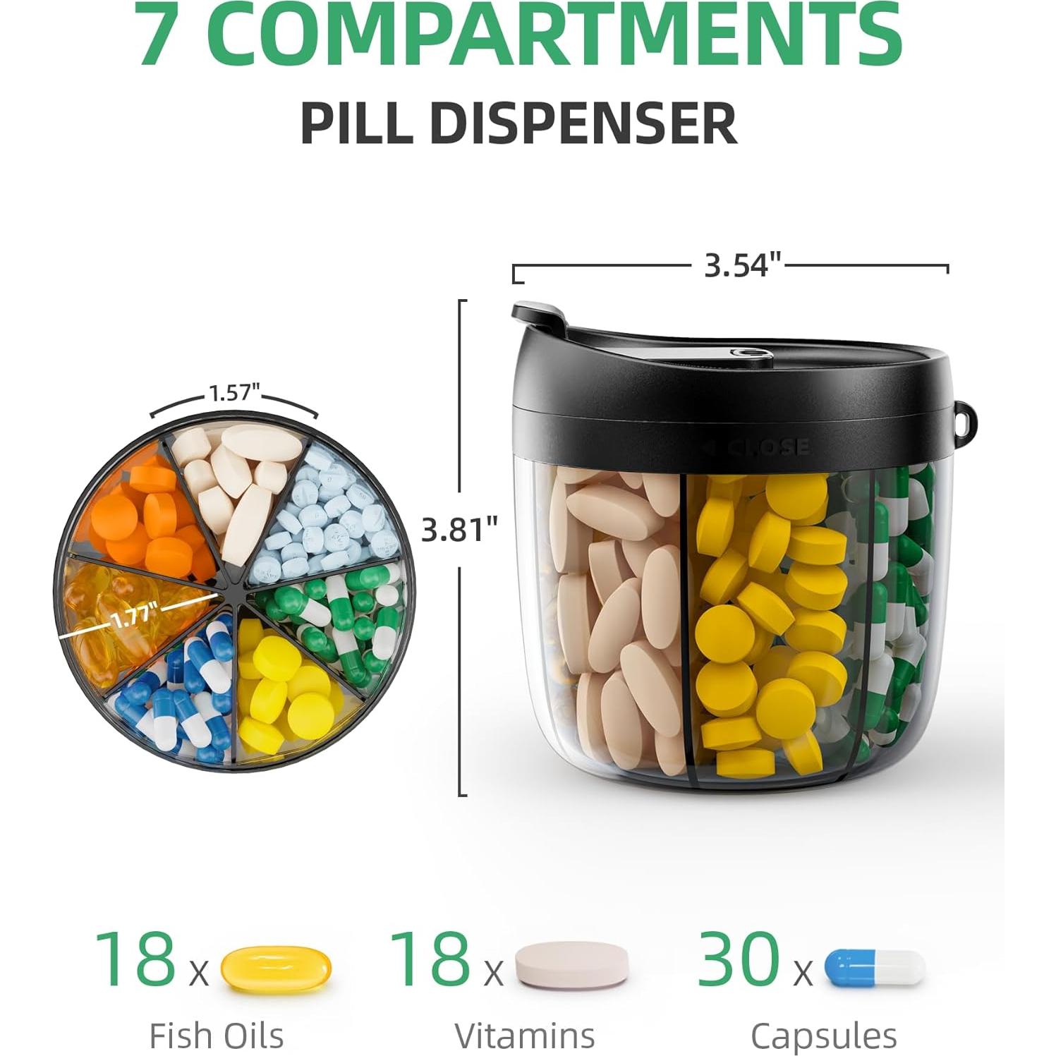 Botella dispensadora de pastillas PULIV negra, 7 compartimentos