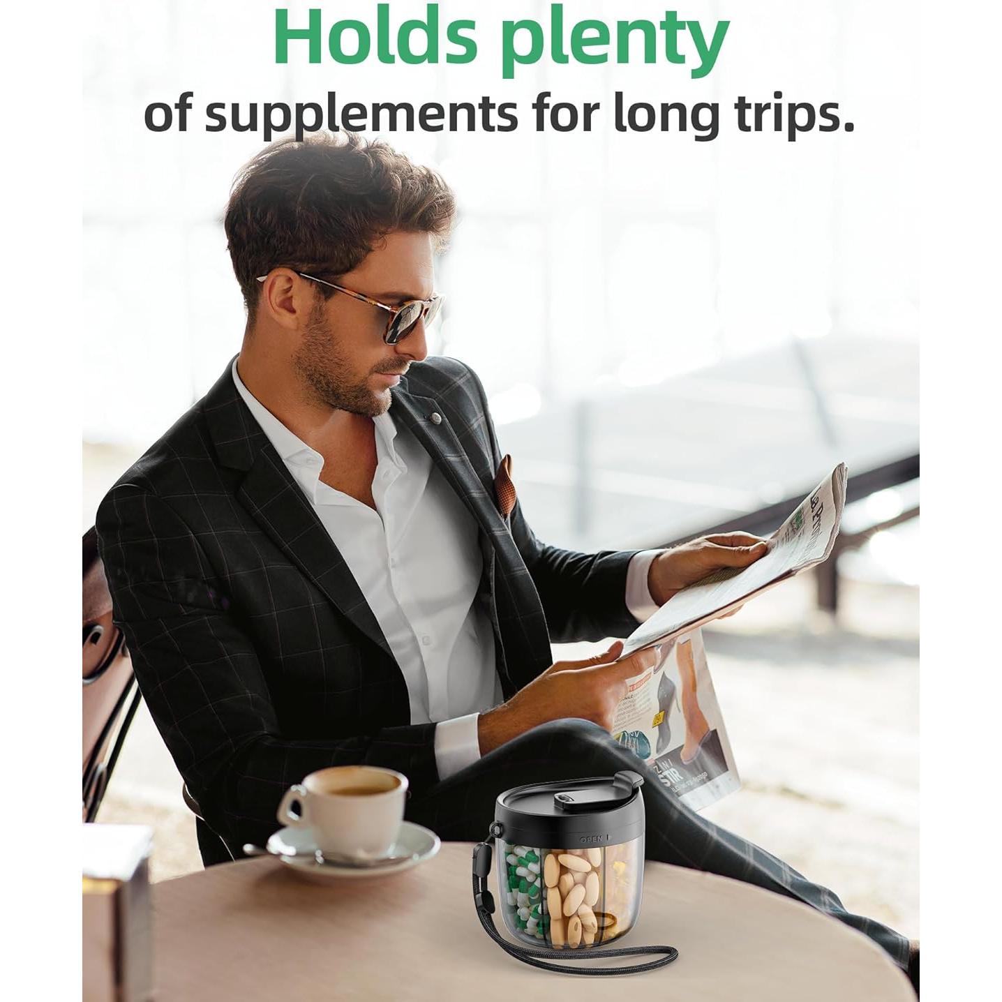 Botella dispensadora de pastillas PULIV negra, 7 compartimentos