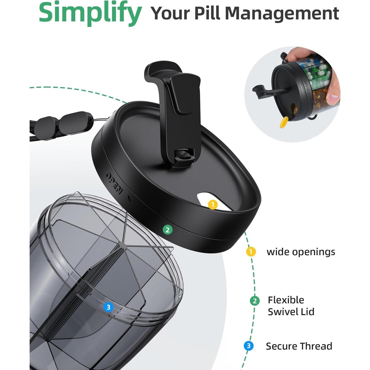 Botella dispensadora de pastillas PULIV negra, 7 compartimentos