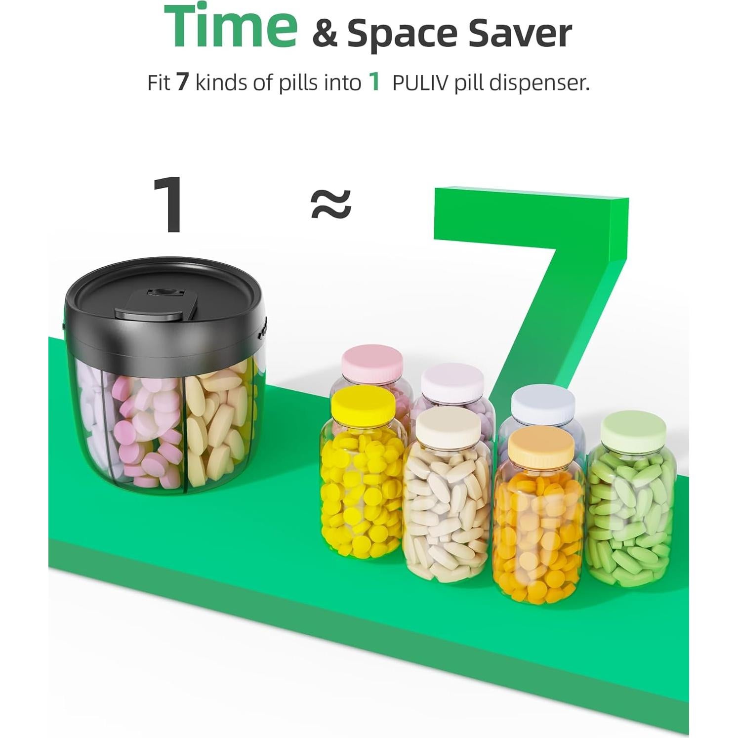 Botella dispensadora de pastillas PULIV negra, 7 compartimentos