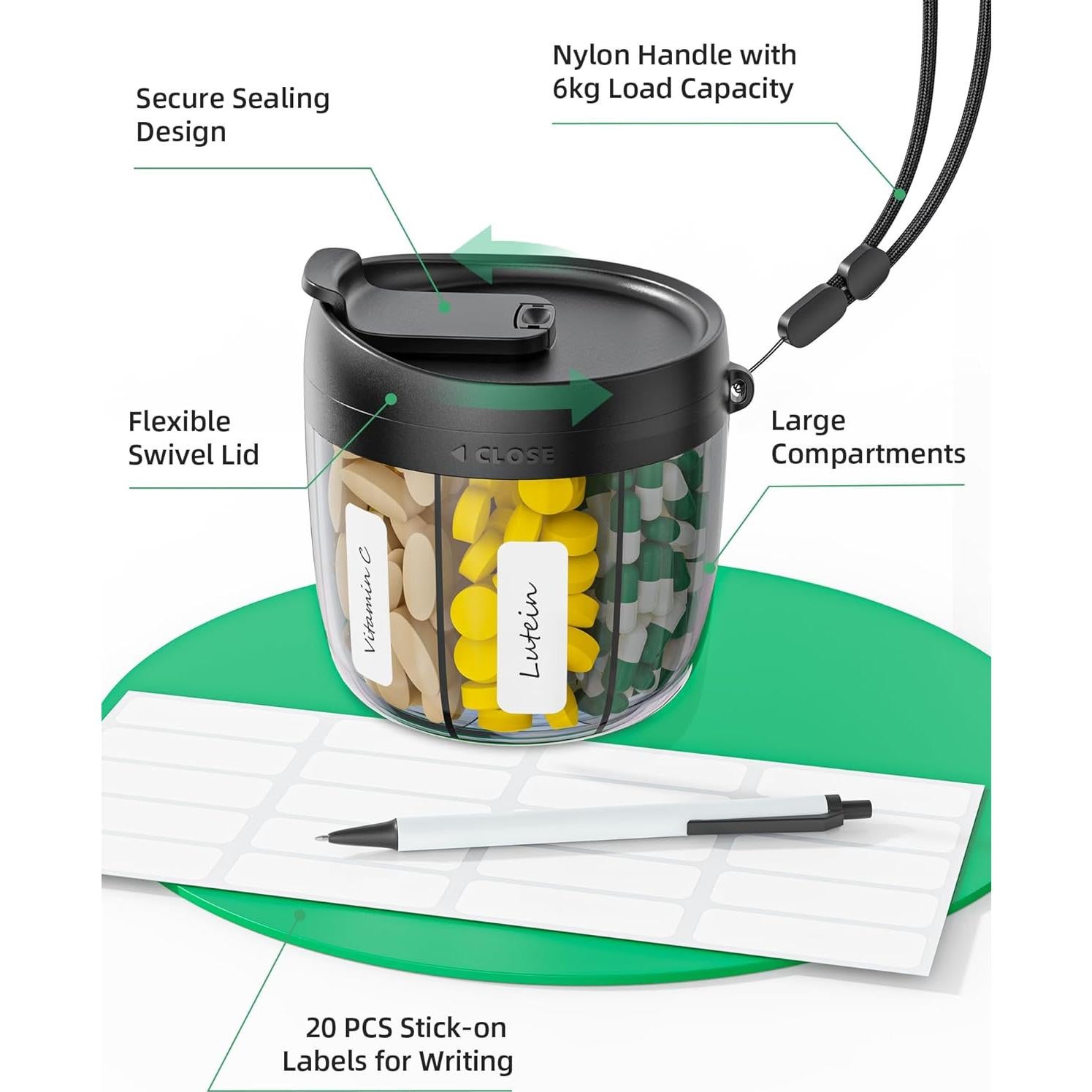 Botella dispensadora de pastillas PULIV negra, 7 compartimentos