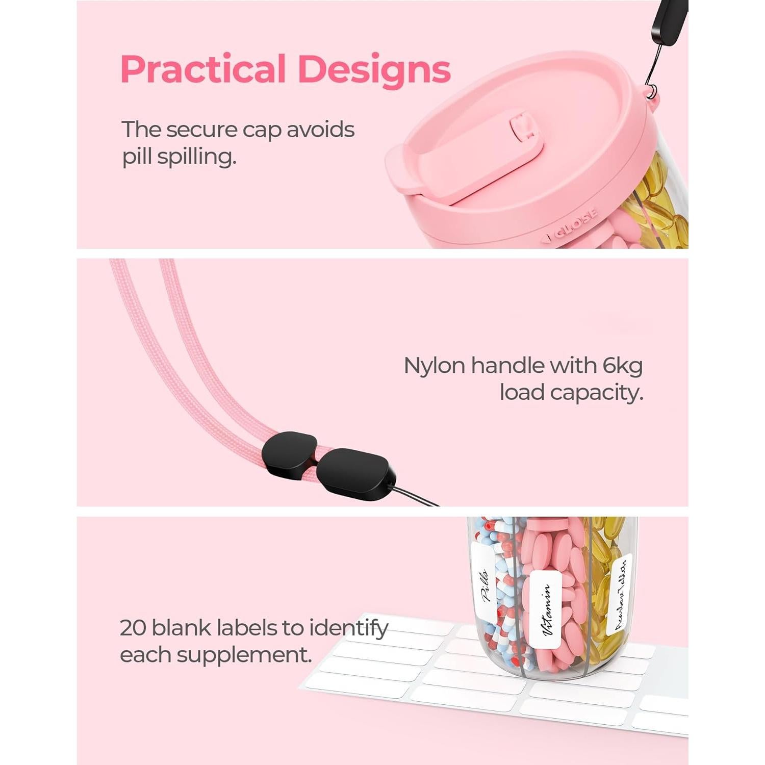 Dispensador de Pastillas AMOOS Rosa 6 Compartimentos Libre de BPA