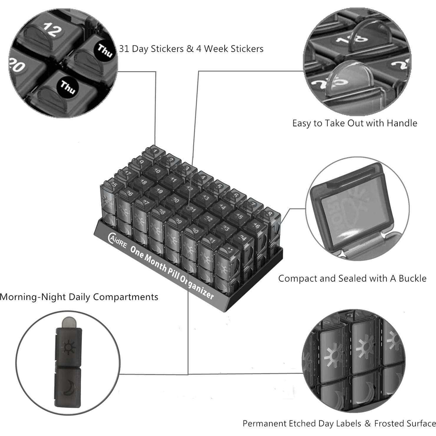 Organizador de Pastillas Mensual CAidRE 31 Días AM PM Negro