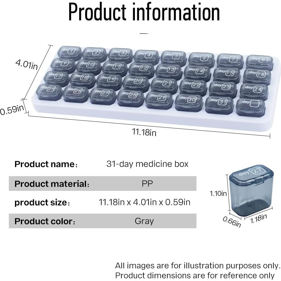 Organizador de Pastillas Mensual UHZBTEC 31 Días Gris