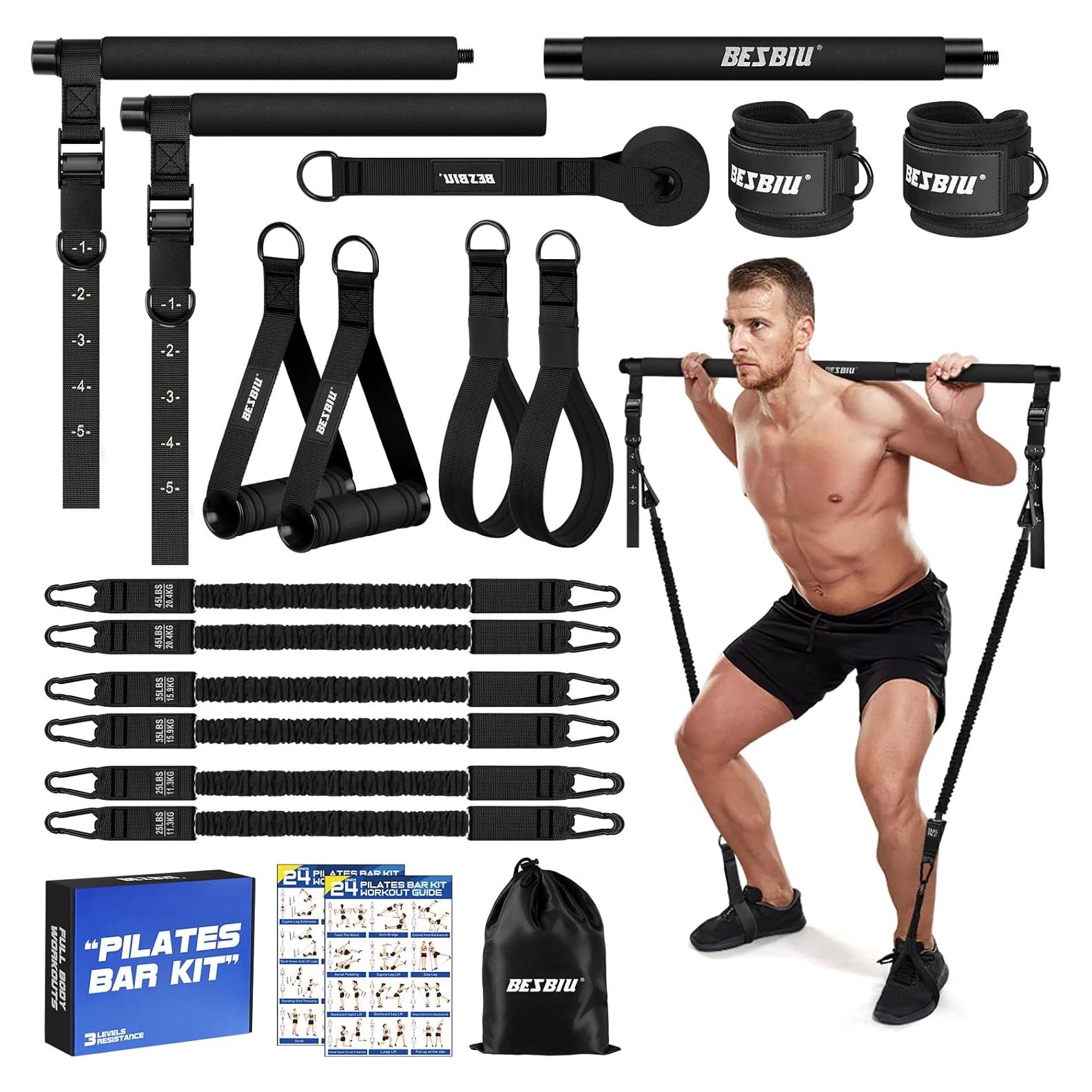 Kit de Bar Pilates BesBiu con Bandas de Resistencia 95kg