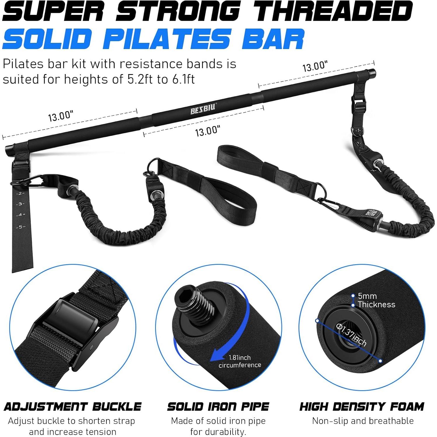 Kit de Bar Pilates BesBiu con Bandas de Resistencia 95kg