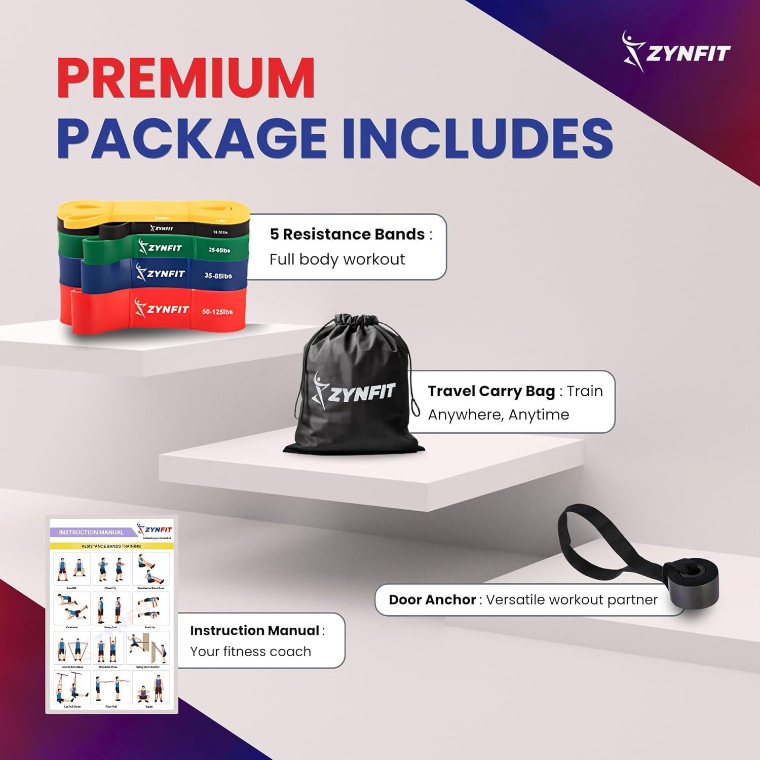 Juego de 5 Bandas de Resistencia ZYNFIT con Ancla de Puerta