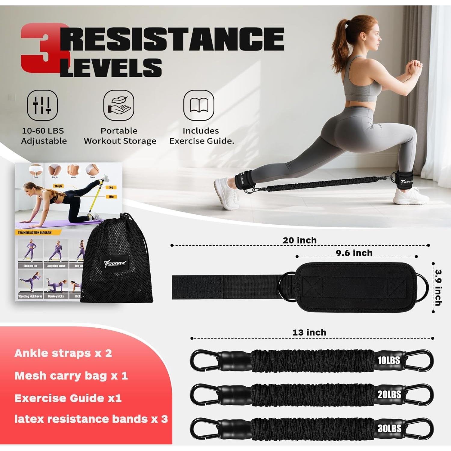 Bandas de Resistencia para Tobillos WOQQW - 3 Niveles de Resistencia