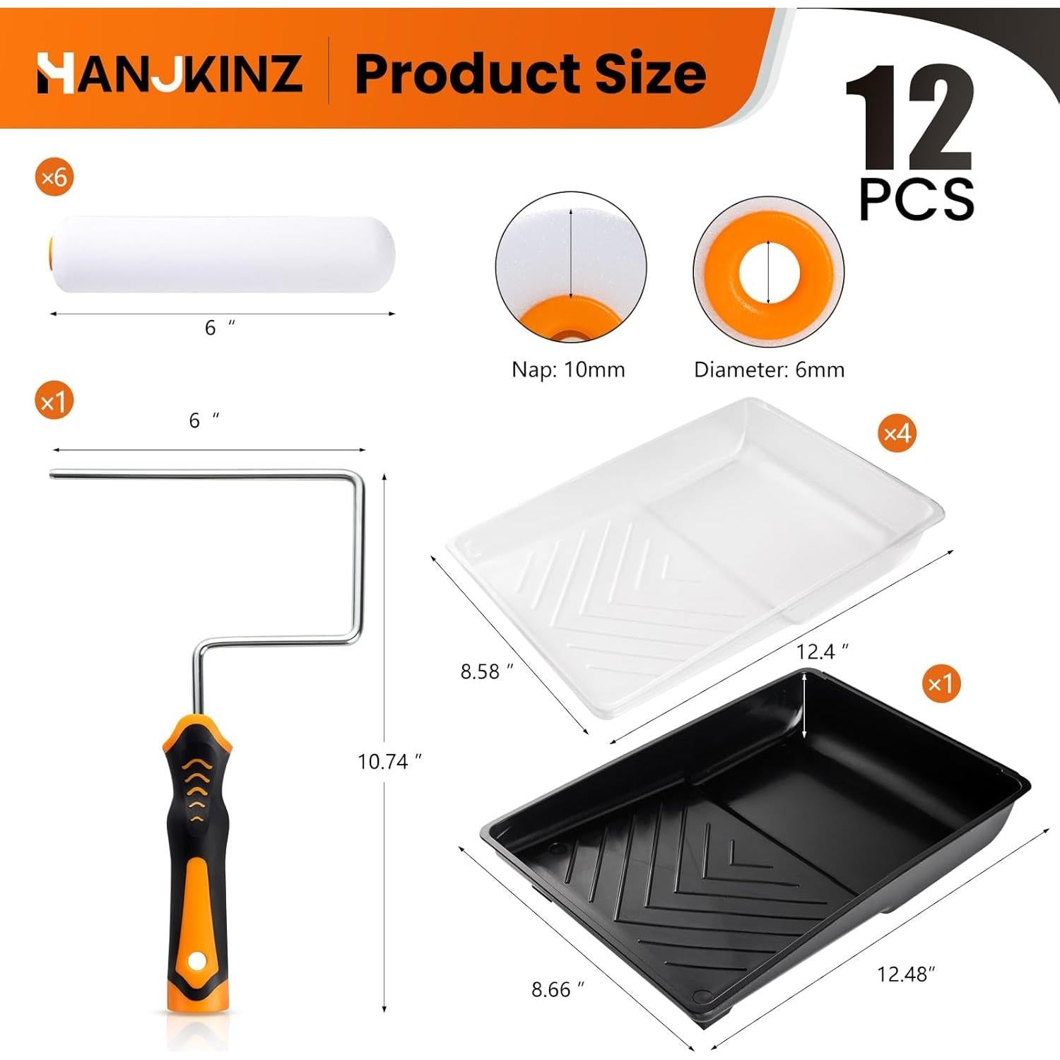 Kit de Rodillo de Pintura 12 Pcs HANJKINZ 15 cm Espuma Densa