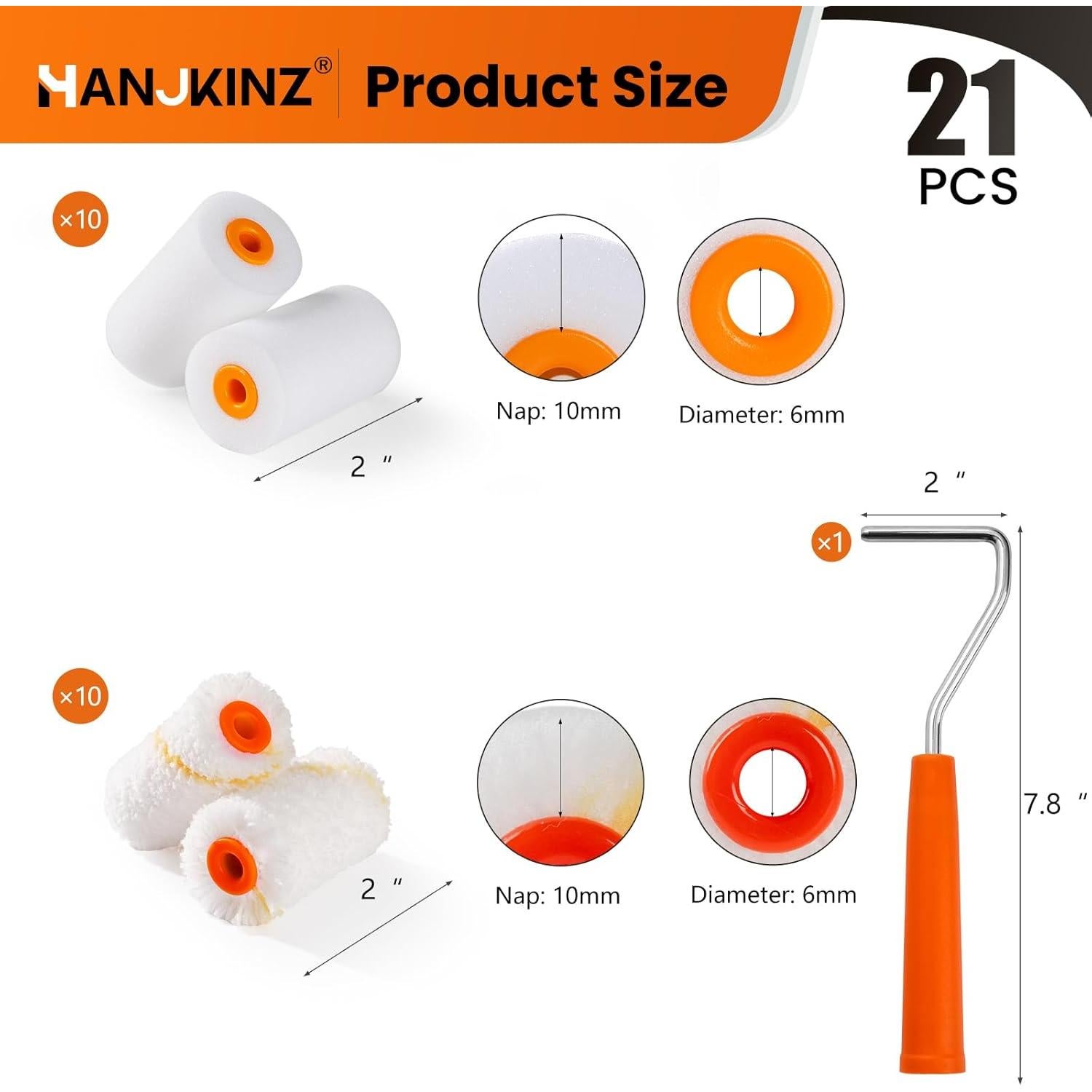 Kit de Rodillos de Pintura 20 Piezas 2" Espuma y Microfibra