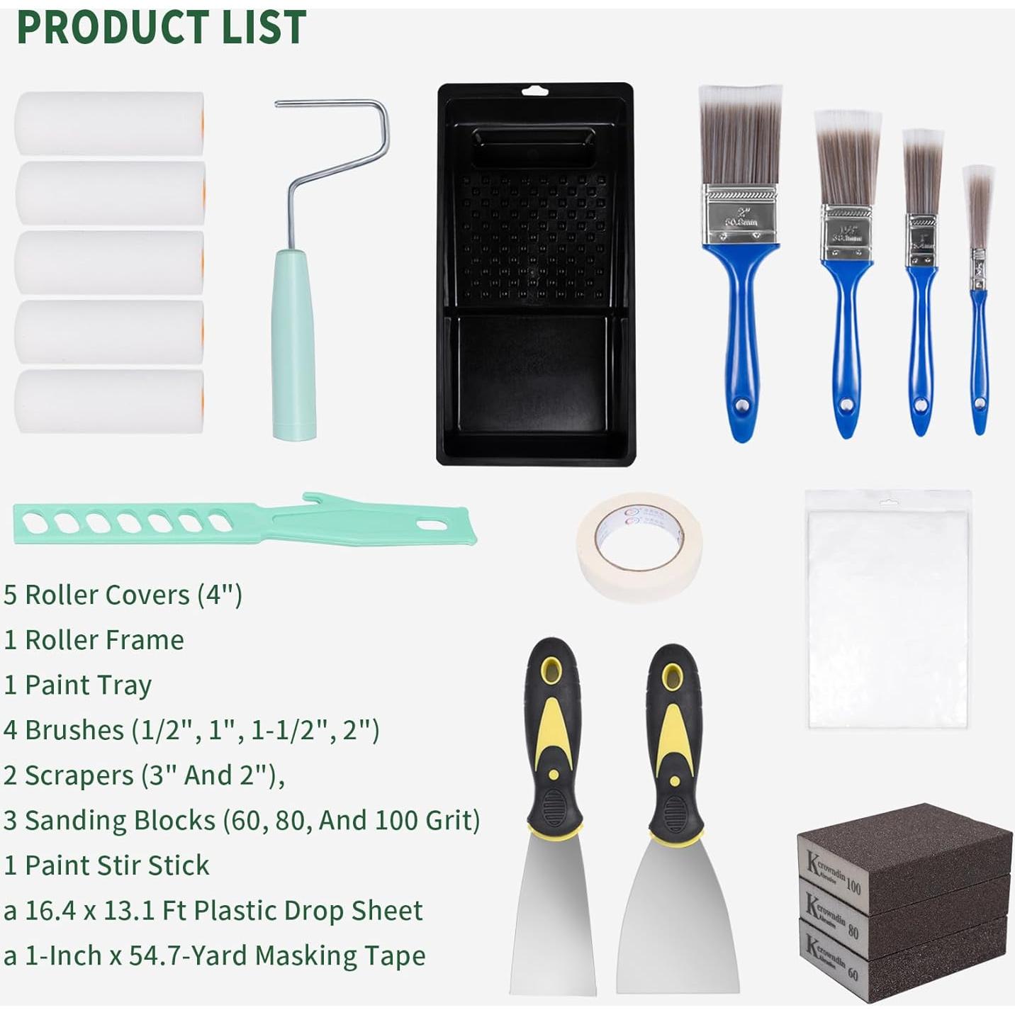 Kit de Rodillos de Pintura 19 Piezas Ozzagar - 4" Rodillo, Brochas y Más