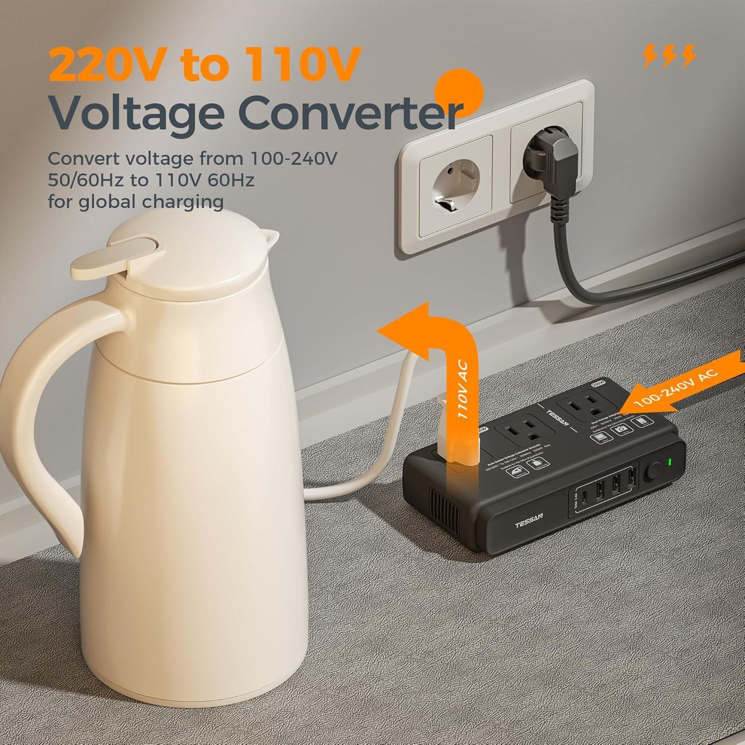 Convertidor de Voltaje TESSAN 220V a 110V con 4 USB Negro