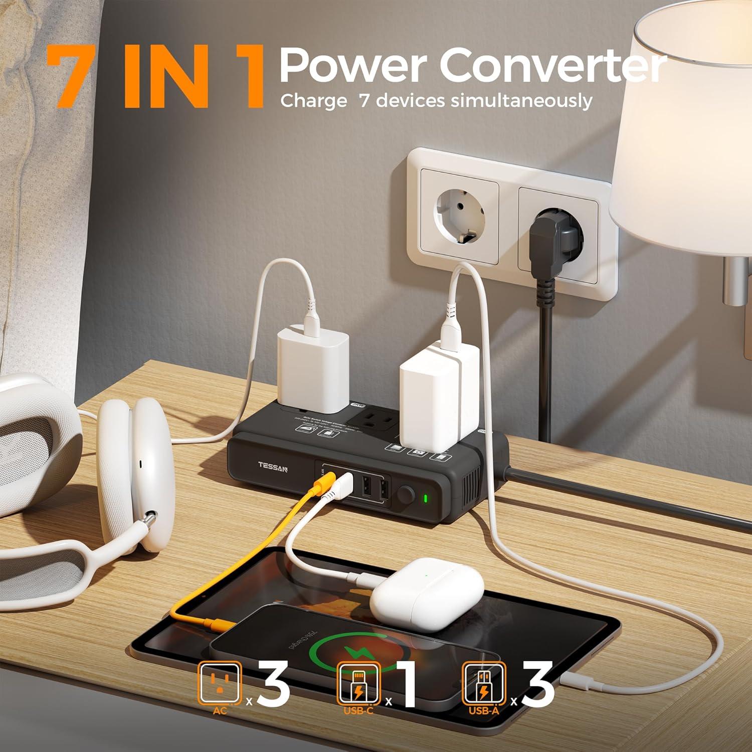 Convertidor de Voltaje TESSAN 220V a 110V con 4 USB Negro