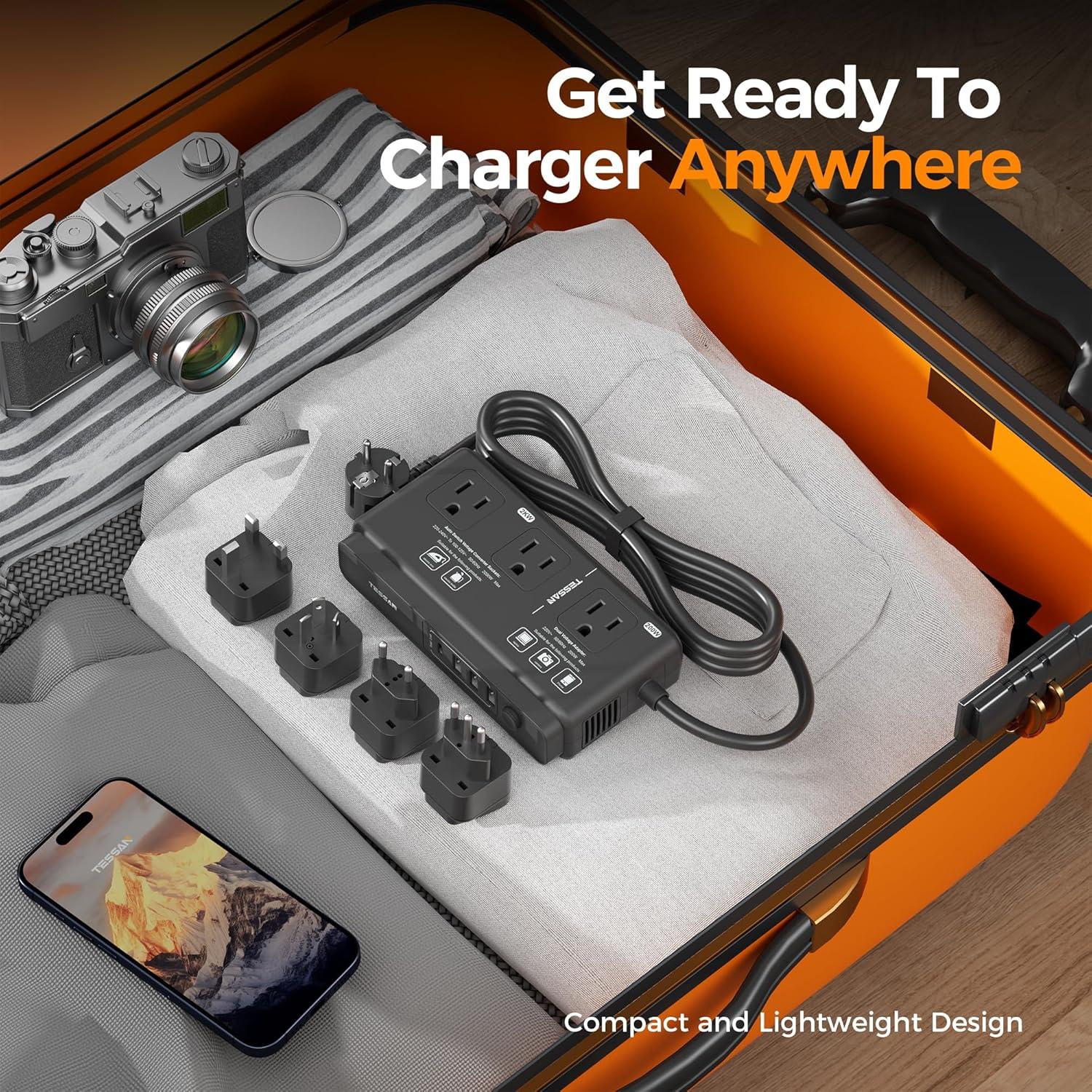 Convertidor de Voltaje TESSAN 220V a 110V con 4 USB Negro